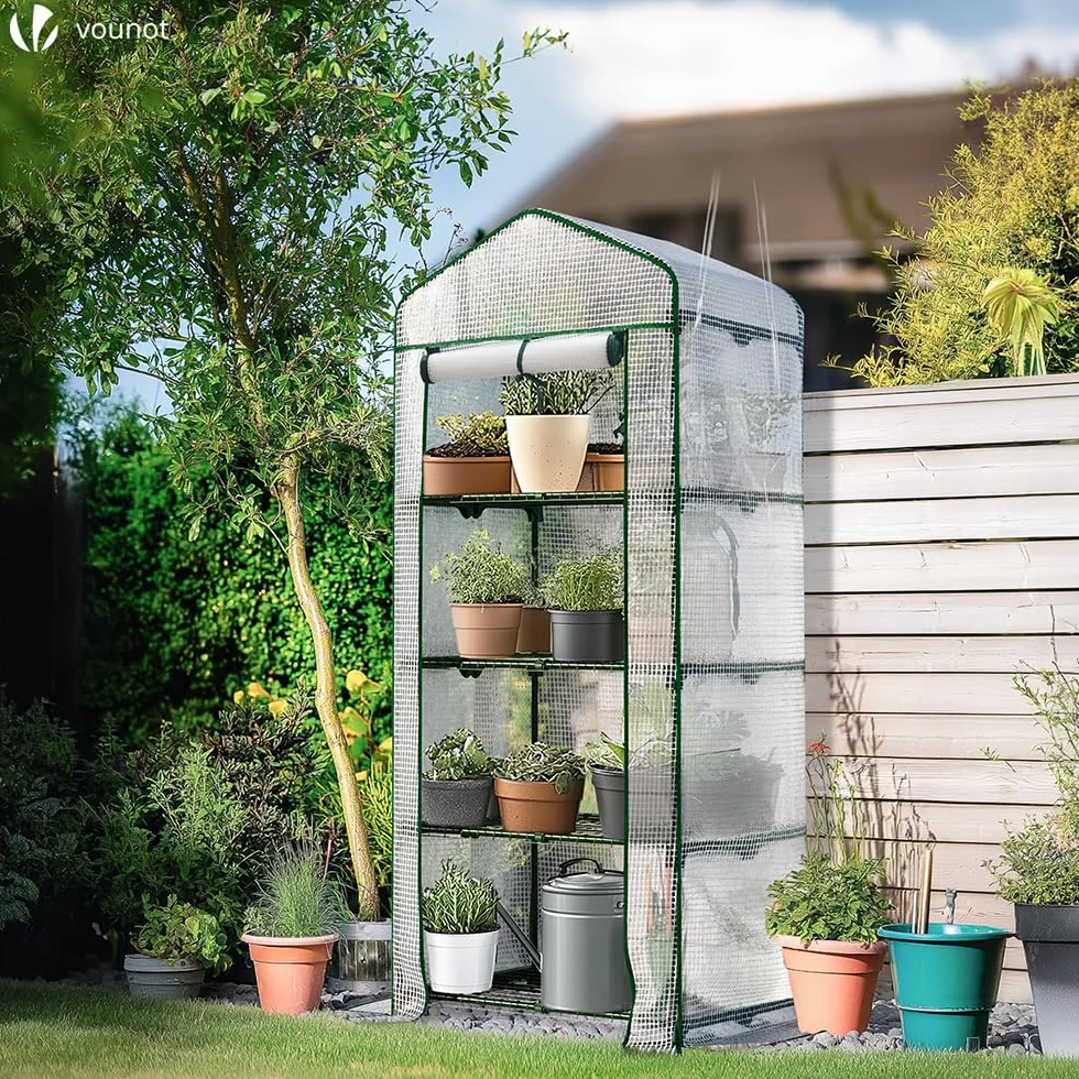 VOUNOT® Serre de Jardin PE avec Étagères 4 Niveaux Serre de Jardin pour Légumes Plantes Fleurs Bâche Renforcée 135g/m2 Protéger Vos Plantes en Toutes Saisons 69x49x160cm