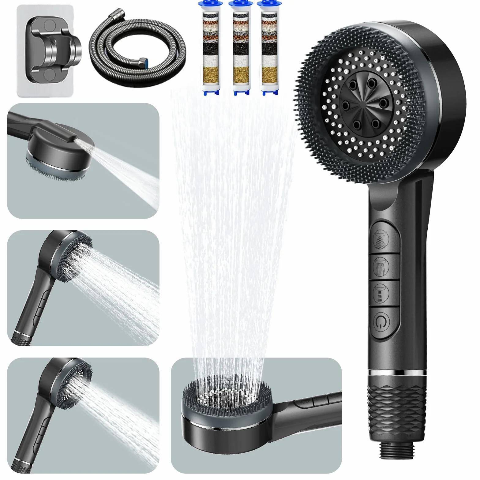 Pommeau Douche Haute Pression Anti Calcaire avec Filtre 15 Étapes Tuyau 1,5M Support 4 Jets Gris