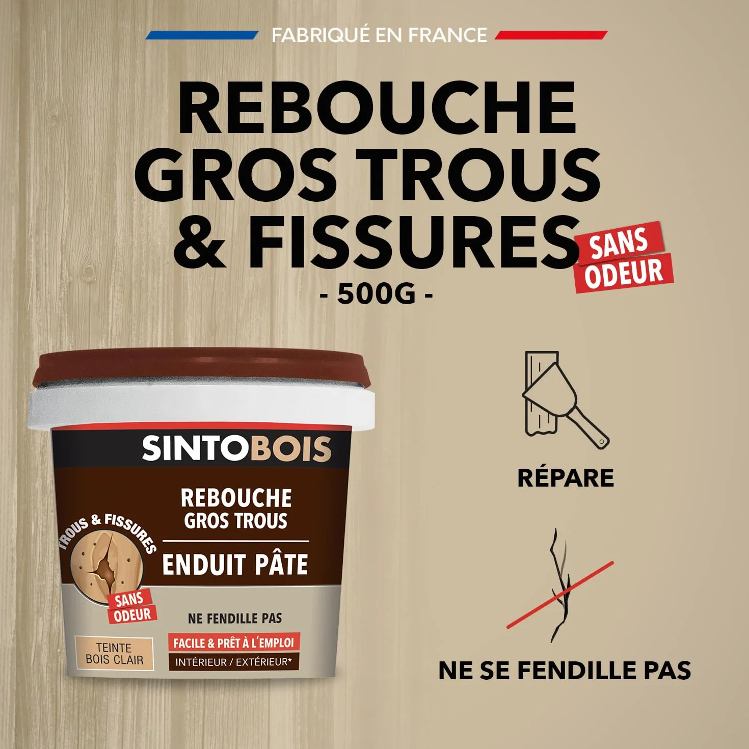 SINTO Rebouche bois gros trous et fissures 500g Intérieur Extérieur