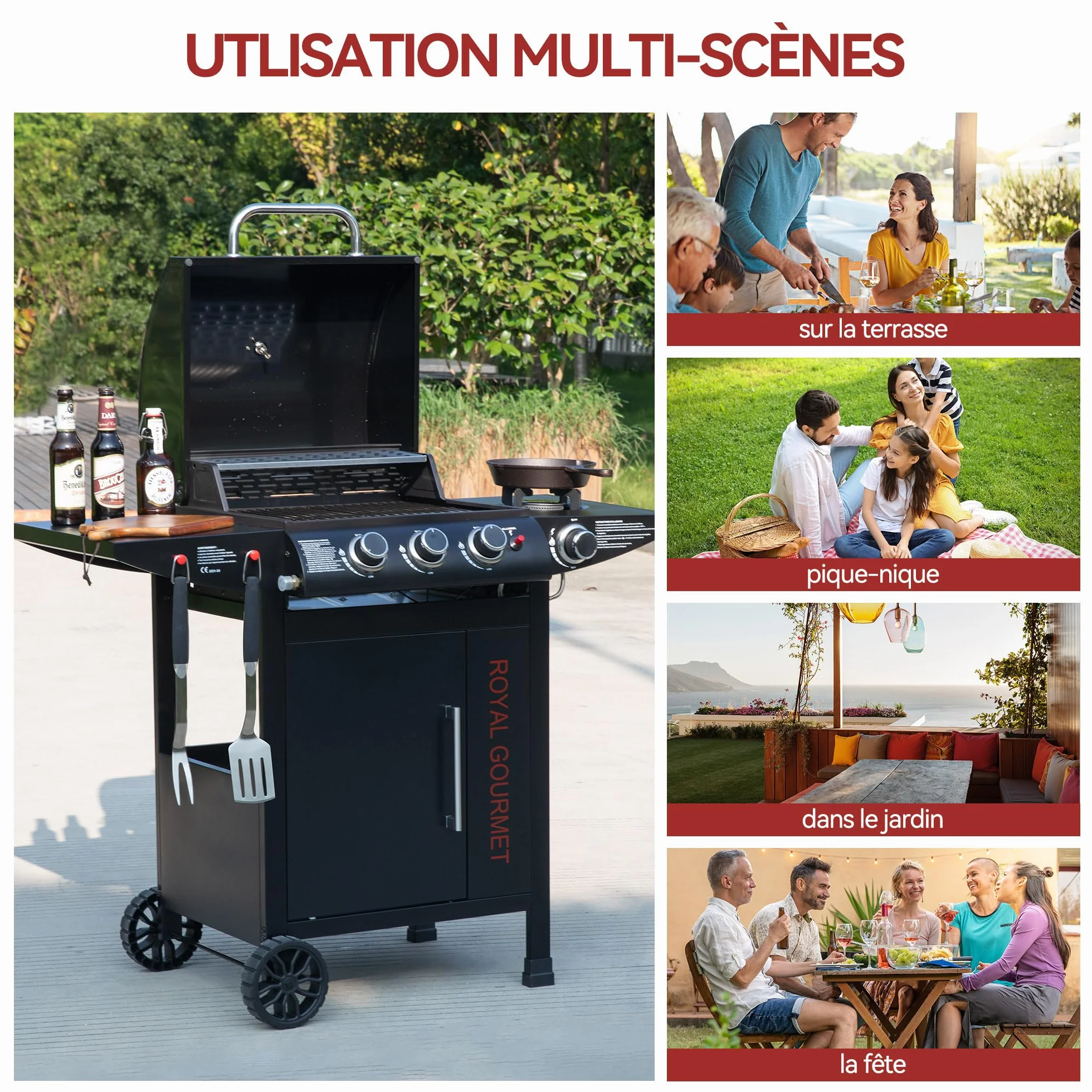 Royal Gourmet Barbecue Gaz 3+1 Brûleurs Acier Inoxydable Gril sur Chariot 11,5 KW avec Tablette Thermomètre Noir