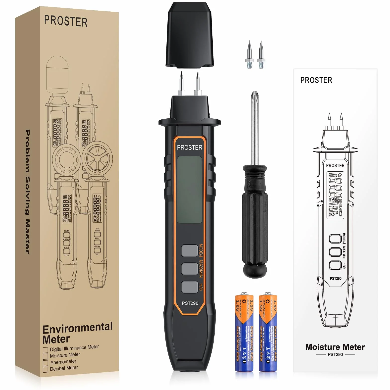 Proster Testeur Humidité Portable - Stylo Humidimètre Haute Précision 2 Modes 7 Échelles Calibration Température Bois Béton Mur