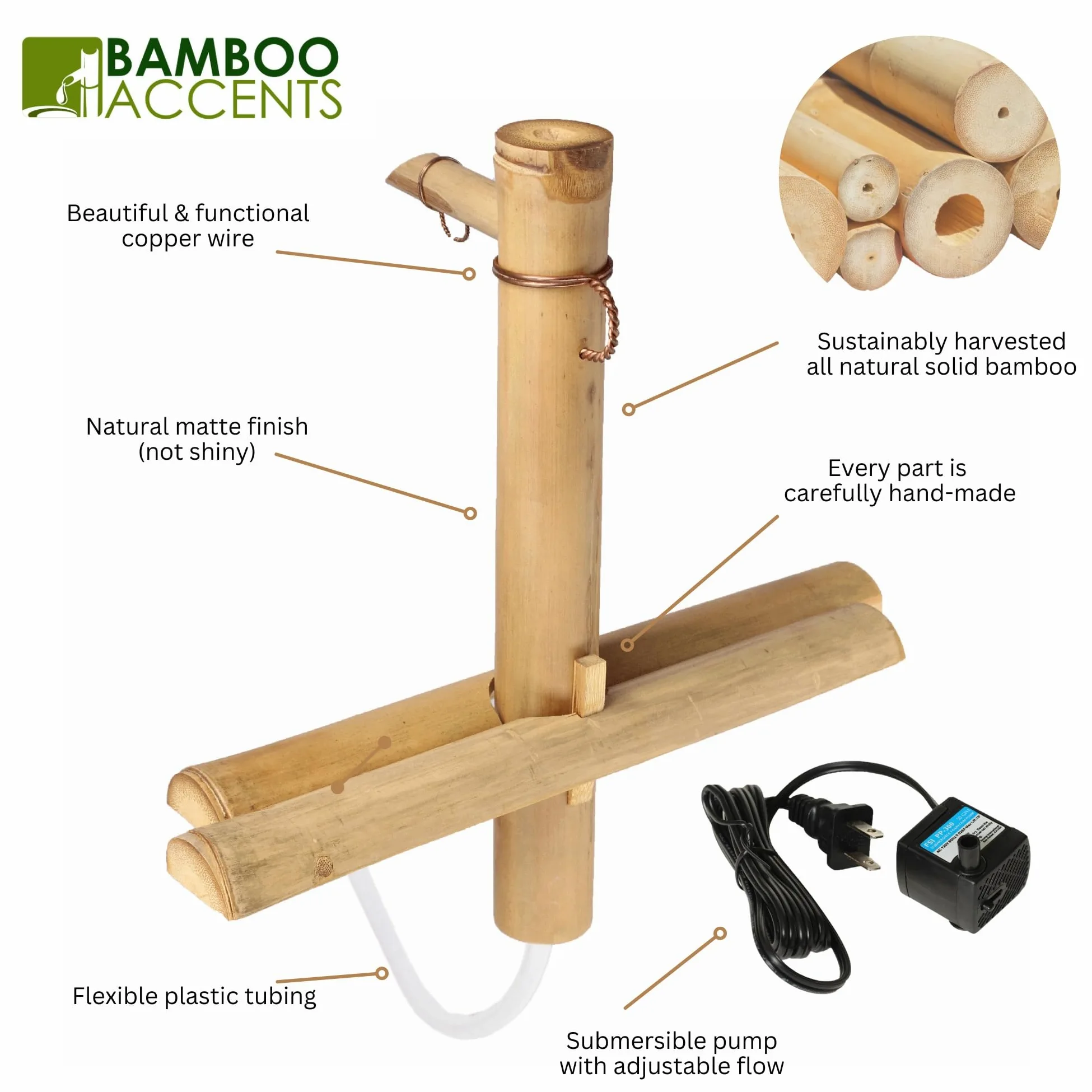 Bamboo Accents Kit de Fontaine de Jardin Zen - Bec Réglable Finition Mate Lisse - 220V Pompe Submersible - Fontaine à Eau Intérieure et Extérieure, Contenant Non Inclus (30 cm Demi-Ronds Réglables)