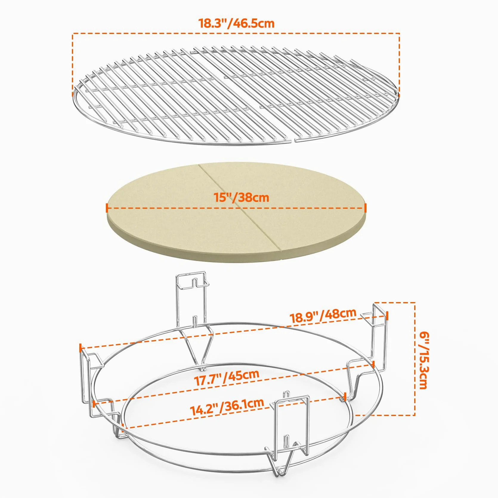 onlyfire Système de Grilles de Cuisson pour Large BGE et Kamado Joe Classic Joe, Accessoire pour Barbecue en Céramique Kamado de 46 cm, Grille Réglable en Hauteur avec Déflecteur de Chaleur