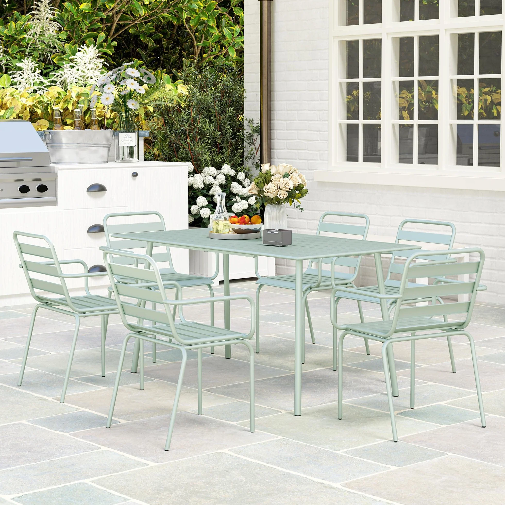 Outsunny Salon de Jardin 7 pièces Table et Chaises empilables Acier Vert Clair
