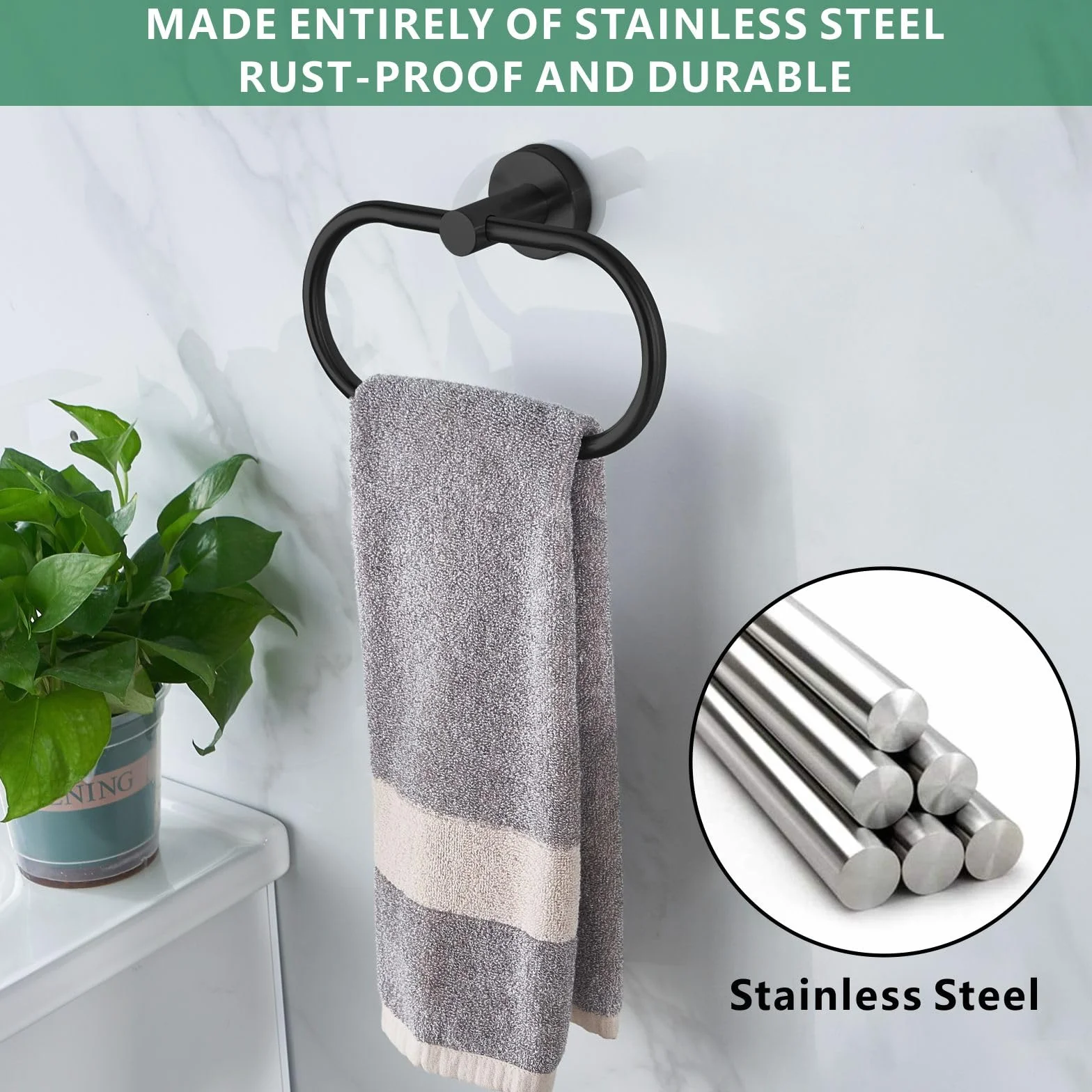 Anneau Porte-Serviettes Perforé en Acier Inoxydable Noir pour Salle de Bain