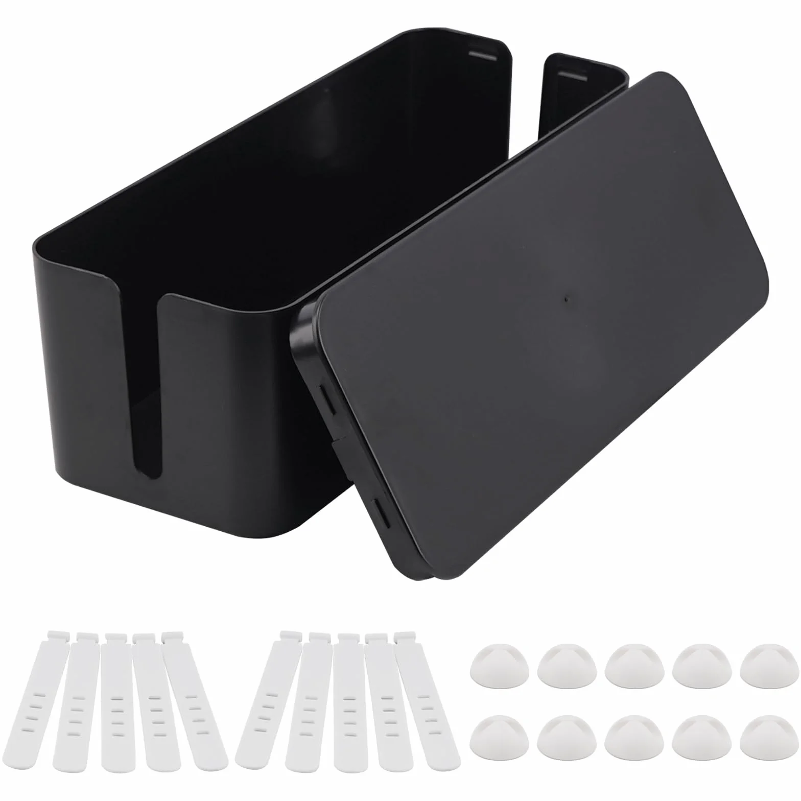 Boîte de Rangement pour Câbles, Gestion des Câbles, Cache Multiprise, Noir et Blanc, 10 Bandes de Rangement, 10 Clips (Grand)