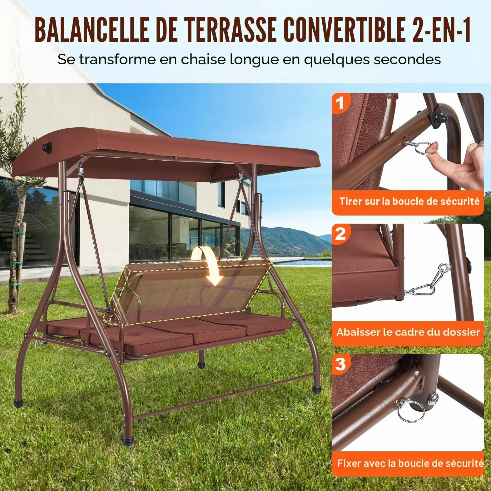 VEVOR Balancelle de terrasse 3 Places, balançoire Convertible avec auvent réglable de Porche extérieur, avec Coussin épais Amovible, Cadre en Acier allié, pour Balcon, Jardin, Bord de Piscine, Marron