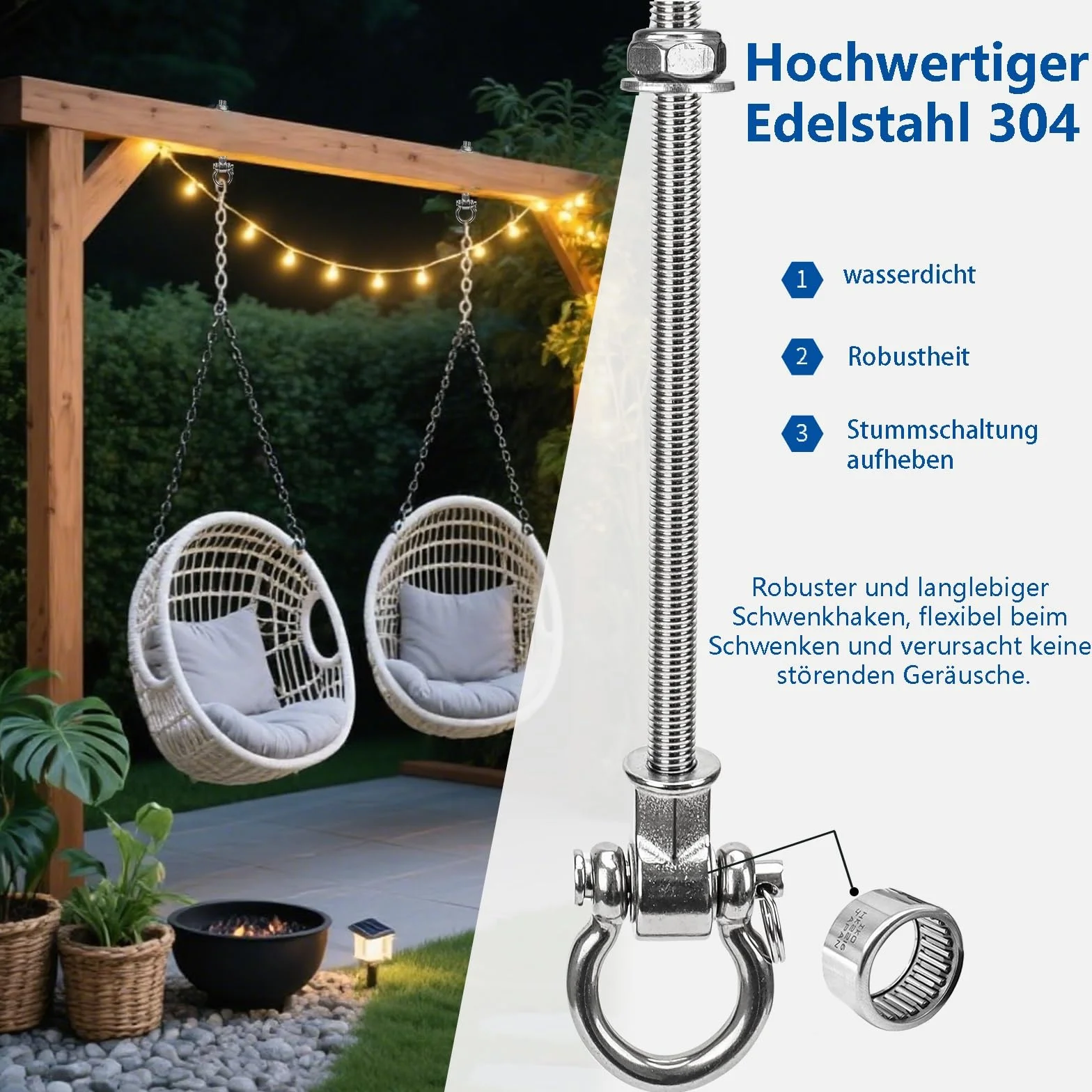 Crochets de Balançoire M10 280mm Acier Inoxydable avec Roulements Lot de 4 pour Hamac Chaise Suspendue