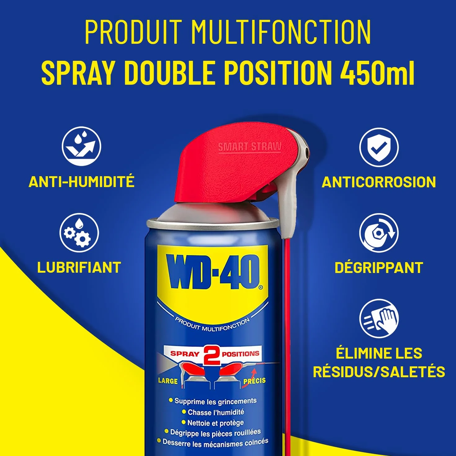 WD-40 Spray Multifonction Double Position 450 ml Sans Silicone Non Conducteur