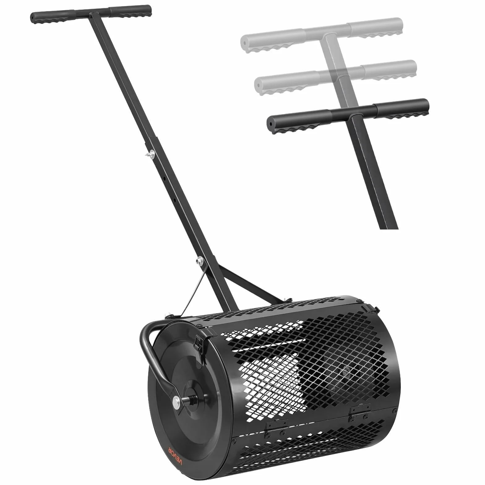 VEVOR Rouleau Épandeur à Compost 42 cm Épandeur Mousse de Tourbe à Rouleau Treillis pour Épandage Gazon Fumier Sel de Déneigement, avec Poignée en T, 3 Hauteurs Réglables, en Acier Thermolaqué, Noir