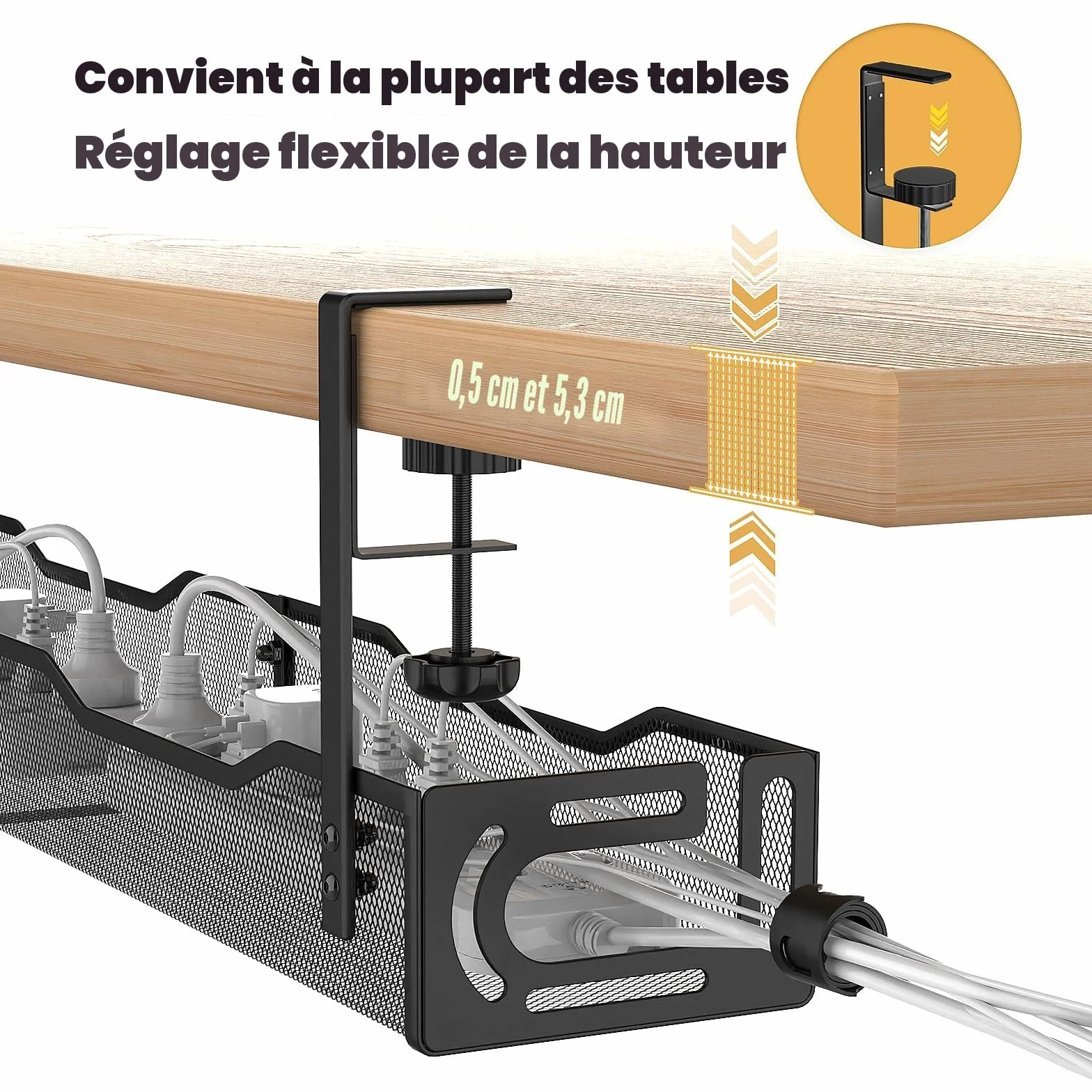 Plateau de Gestion de Câbles 64 cm Réglable pour Bureau avec Rangement Supérieur