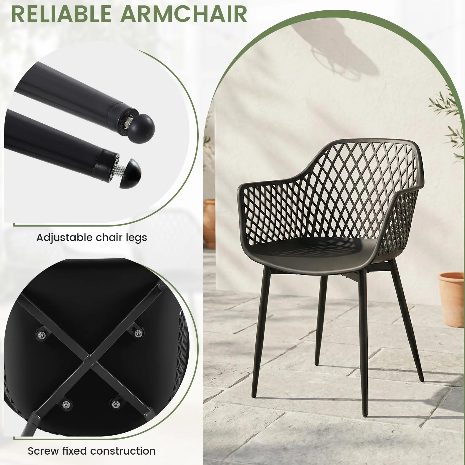 buybyroom Chaise de Jardin Exterieur, Lot de 4 Chaise Plastique avec Accoudoir et Pied en Métal, Fauteuil Jardin Exterieur pour Terrasse, Balcon, Salle a Manger, Salon, Dossier à Design Ajouré, Noir