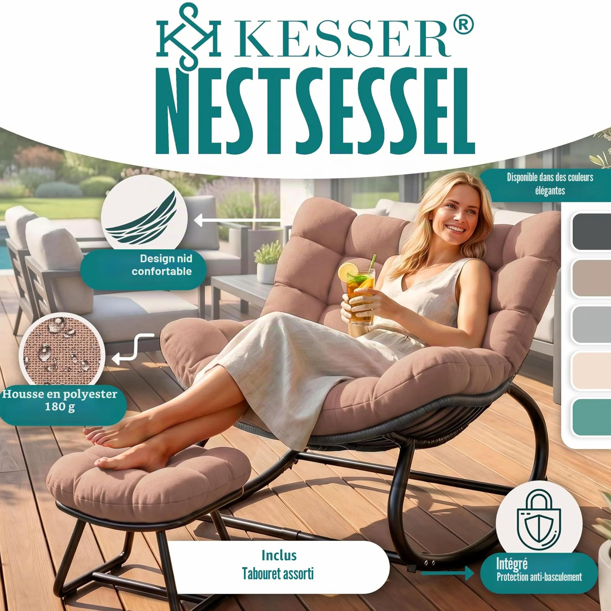 KESSER Fauteuil à Bascule pour l'intérieur et l'extérieur - Charge maximale : 120 kg - Fauteuil de Relaxation avec Pieds antidérapants - Résistant aux intempéries (Taupe, XXL Chillexer Pro)