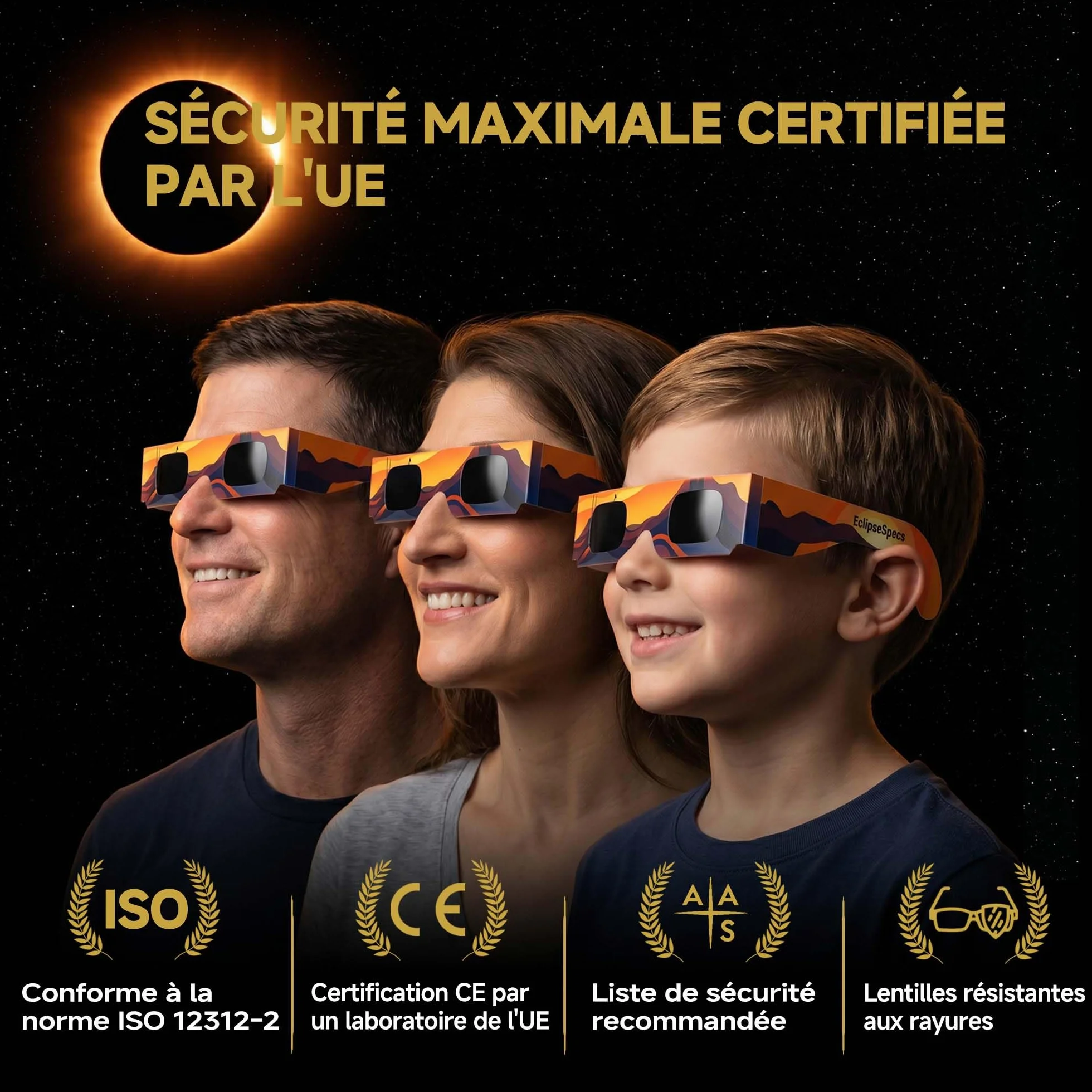 Lunette éclipse solaire [Lot de 3] - Homologuées ISO 12312-2 CE - Observation directe éclipse 2026