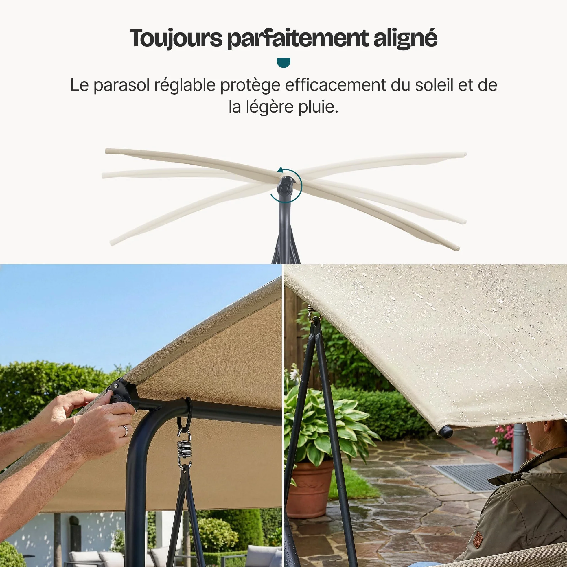 Balancelle de Jardin pour 3 Personnes avec Toit Solaire Réglable Stable Résistant aux UV et à l'eau Acier Polyester Plastique 173 x 119 x 153 cm Vert Clair Beige