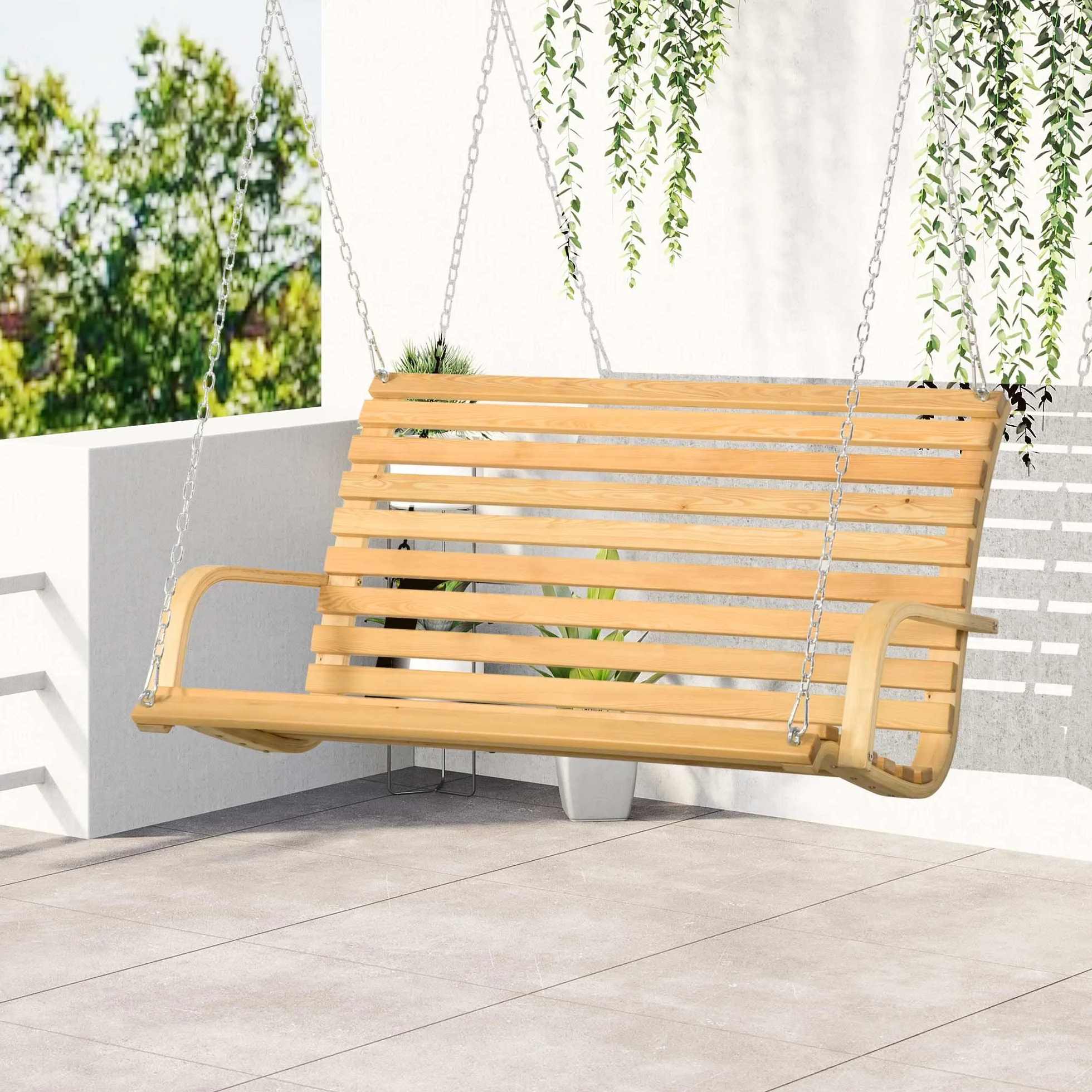 Outsunny Banc Suspendu 2 Places Balancelle de Jardin en Bois Naturel 141,5L x 51l x 78H cm
