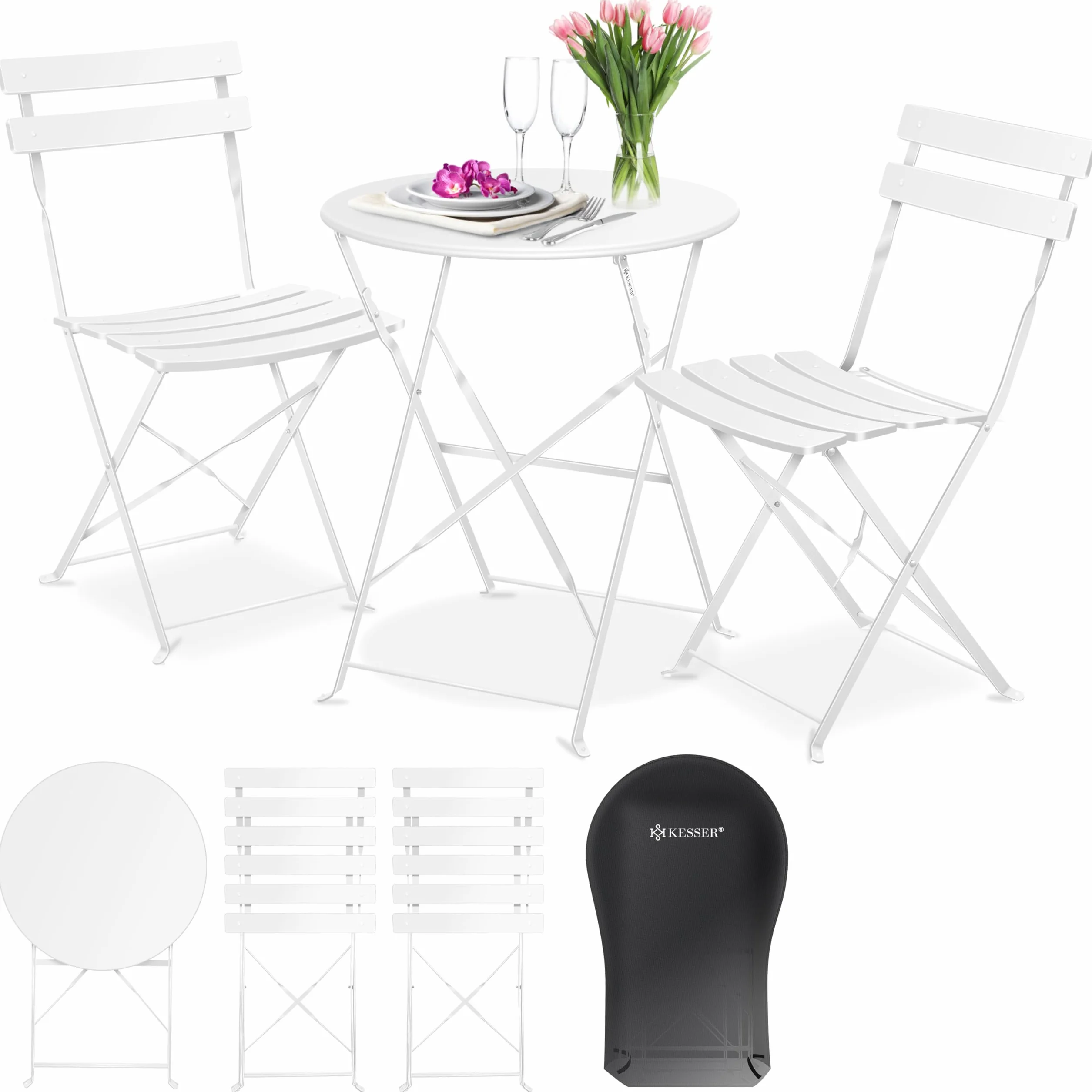 KESSER Salon de jardin métal 1 table 2 chaises pliantes blanc balcon