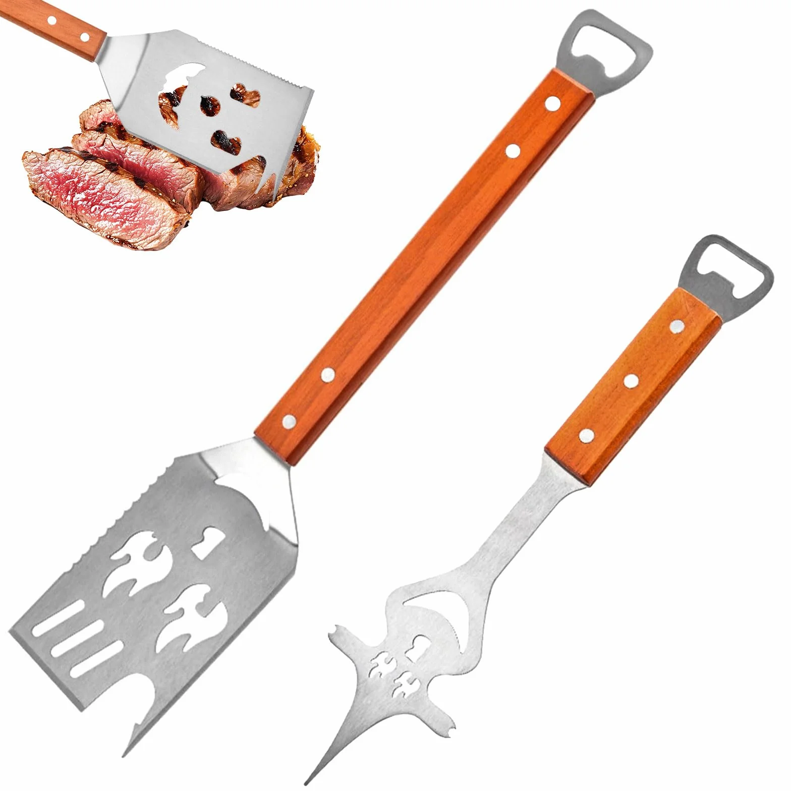 Set Ustensiles Barbecue 8 en 1, Spatule 42 cm et Fourchette 33 cm, Acier Inoxydable, Bois, Décapsuleur