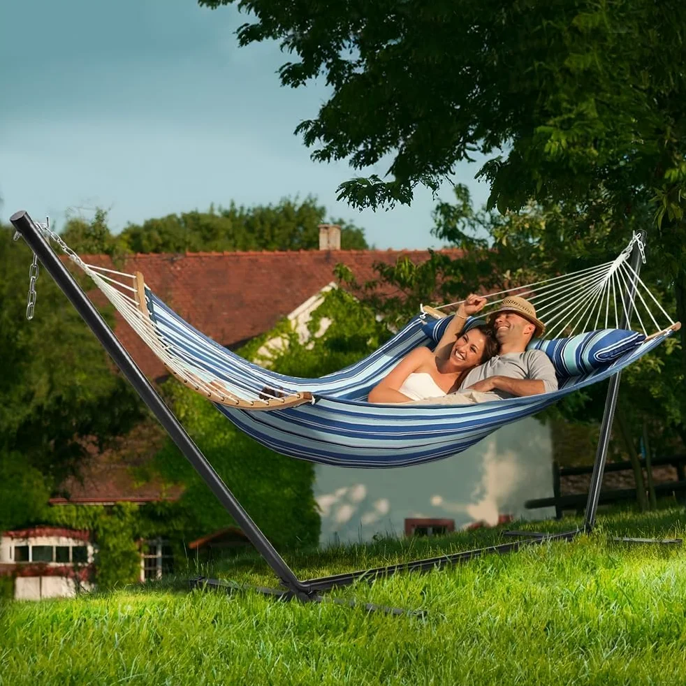 Yaheetech Hamac avec Support en Métal Hamac sur Pied pour 2 Personnes Toile avec Barre Oreiller Sac de Transport pour Extérieur Intérieur Jardin Terrasse Charge 216 kg