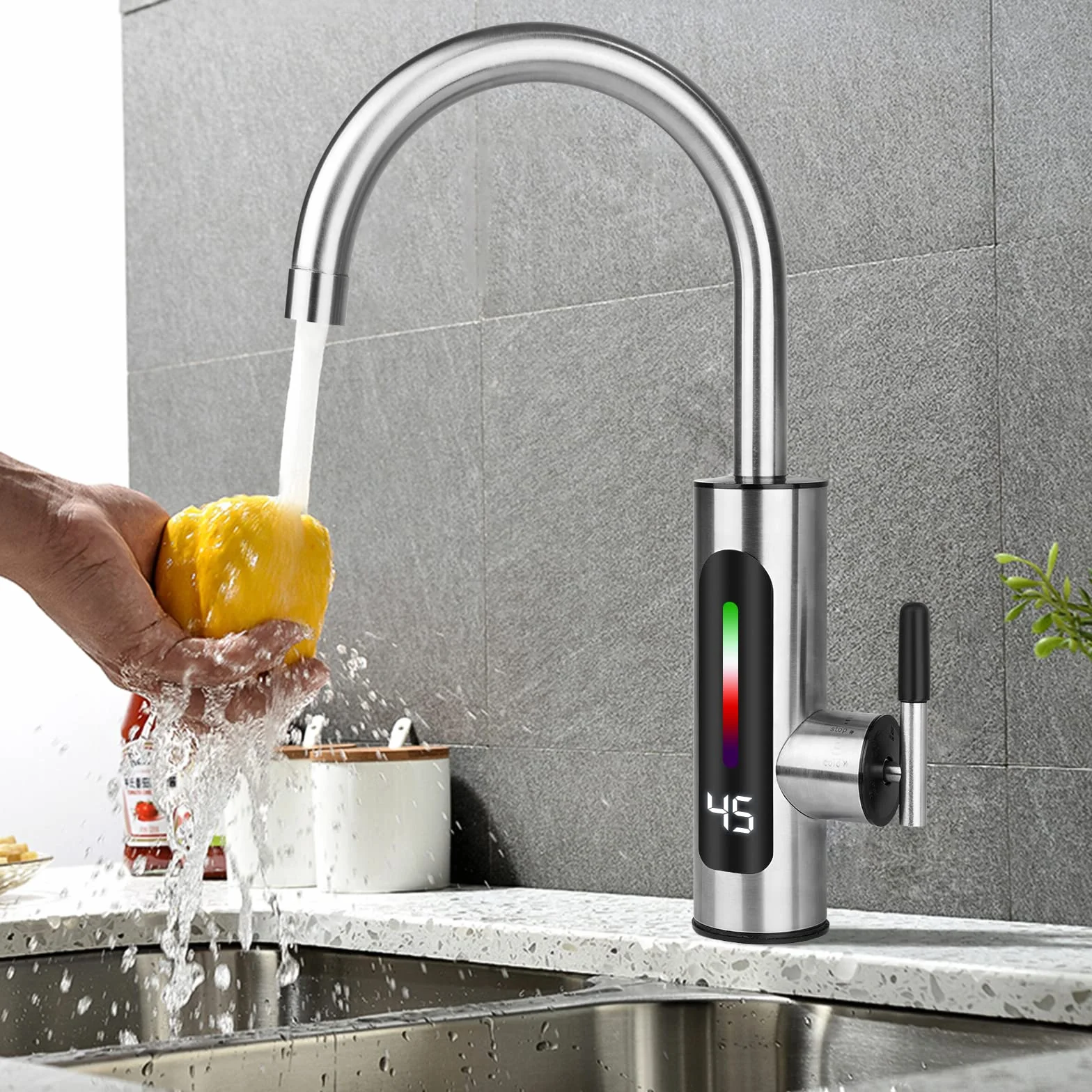 Robinet d'eau Chaude et Froide en Acier Inoxydable avec Affichage LED et Chauffe-eau Instantané, Rotatif à 360°