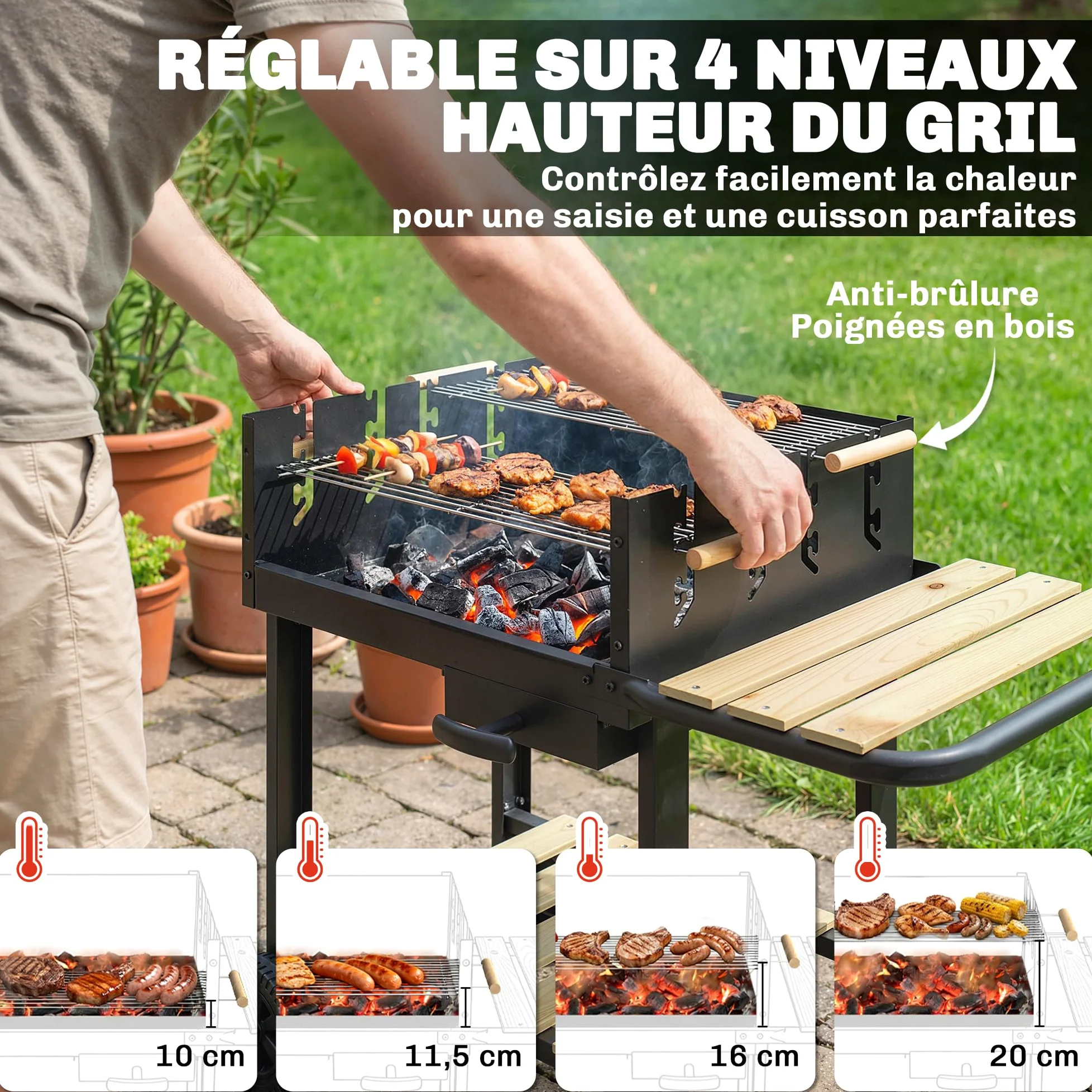 Outsunny Barbecue au Charbon de Bois avec 2 Grilles Réglableset 3 Accessoires, Chariot à Barbecue de Bois, Tablette Latérale, Récupérateur de Cendres et Roues, pour Jardin, Terrasse, Camping, Noir