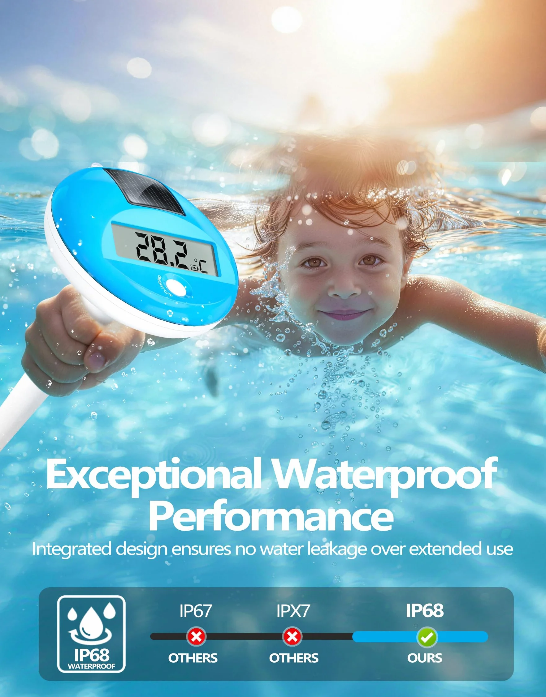 PoolLeader Thermomètre Piscine Flottant Numérique IP68 Grand Écran LCD