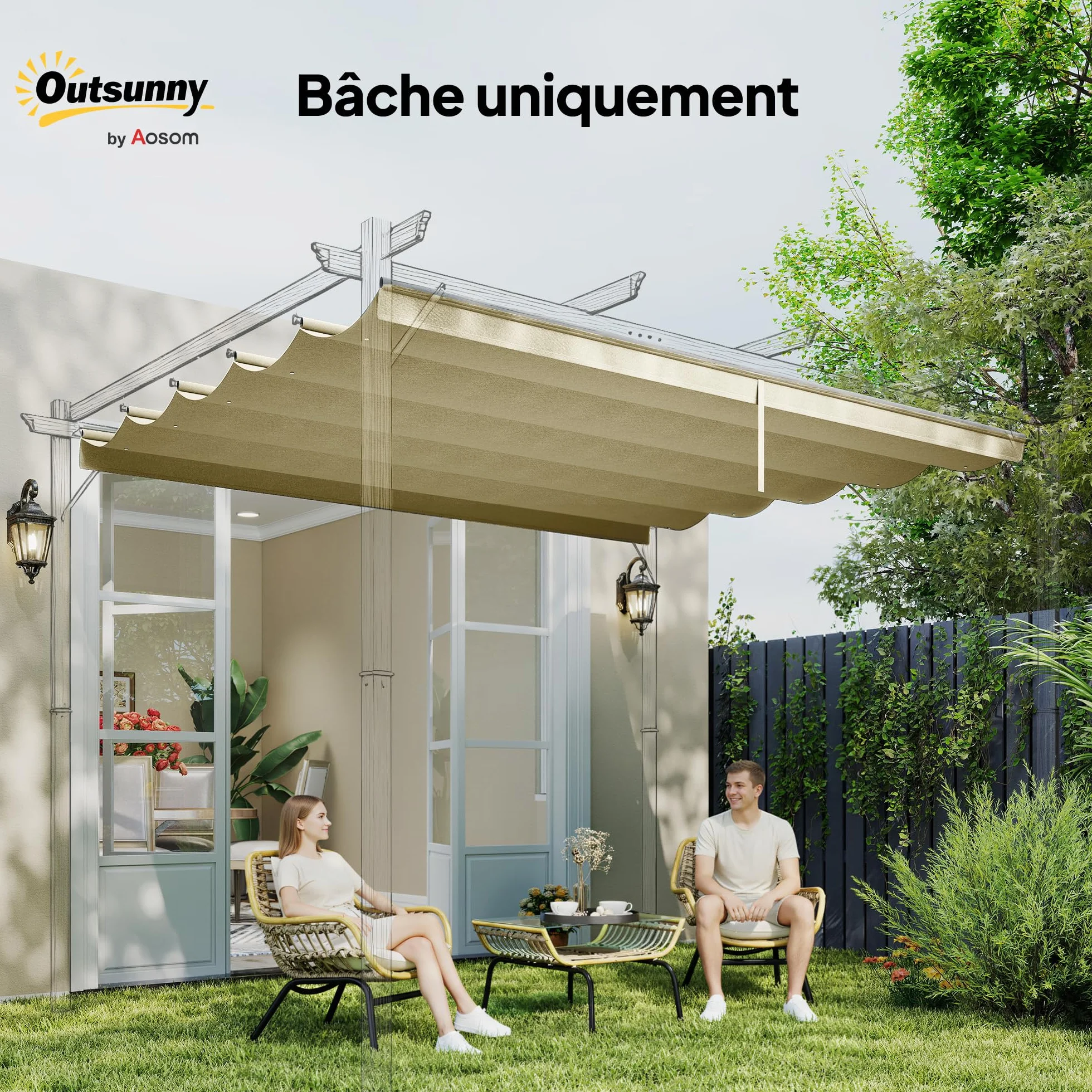 Outsunny Toile de Toit pour Pergola Tonnelle Rétractable 4 x 3 m 350 x 260 cm Beige