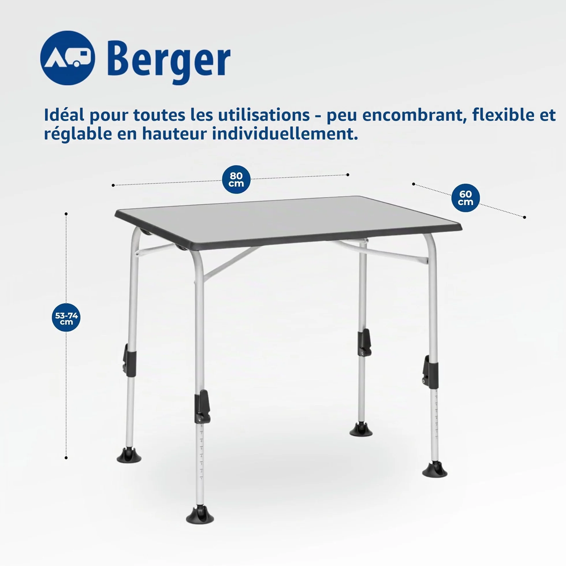Berger Table de Camping Pliante IVALO 1 80 x 60 cm Blanche Réglable