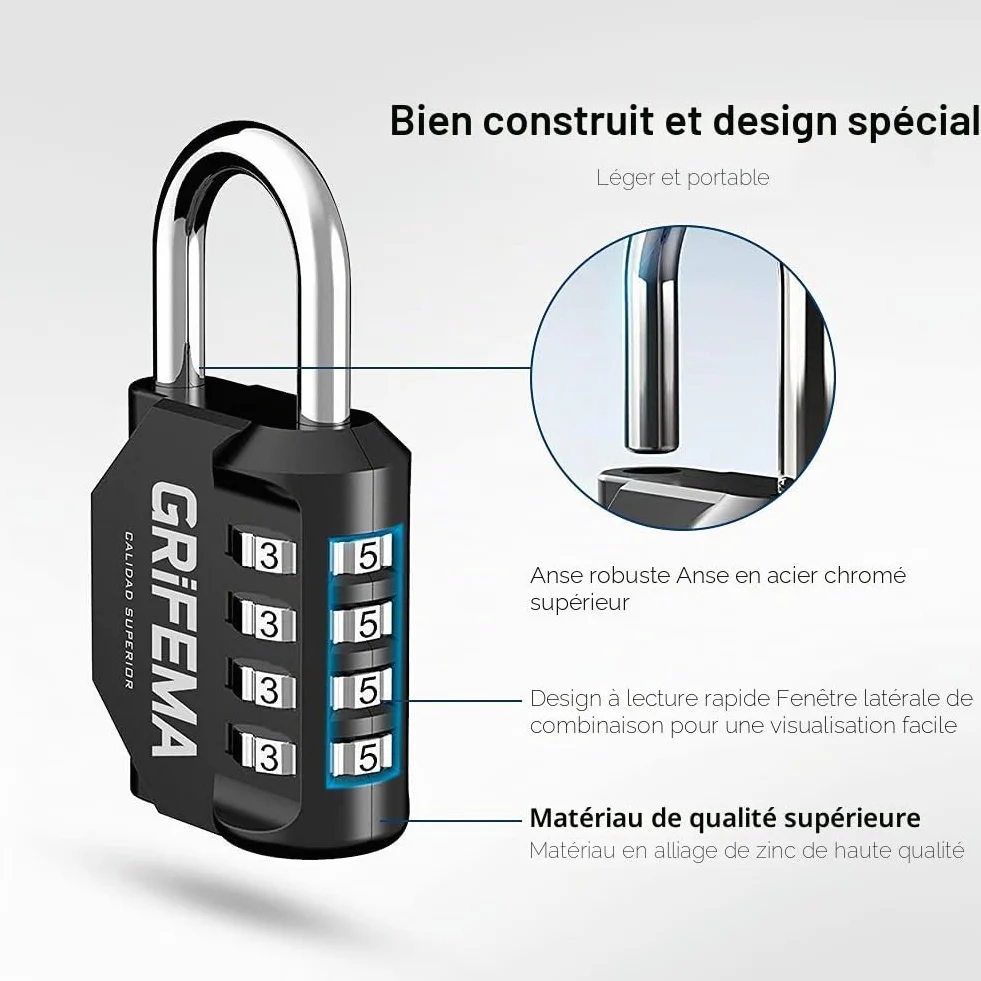 GRIFEMA GA1001-1 Cadenas Code 4 Chiffres Résistant Aux Intempéries Alliage de Zinc Noir