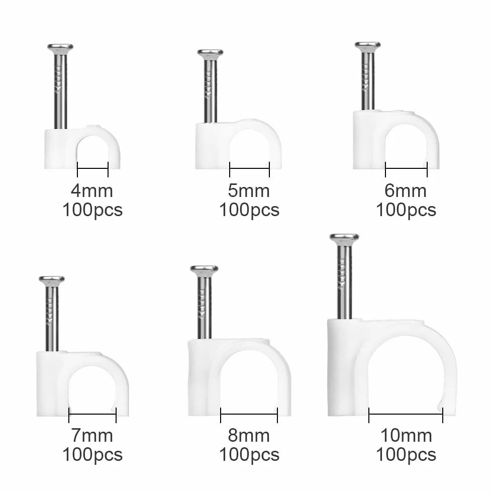 Cavalier Cable Electrique Clip Fixation Attache Cable Mural Ronde Avec Clou en Acier 4-10mm 600pcs