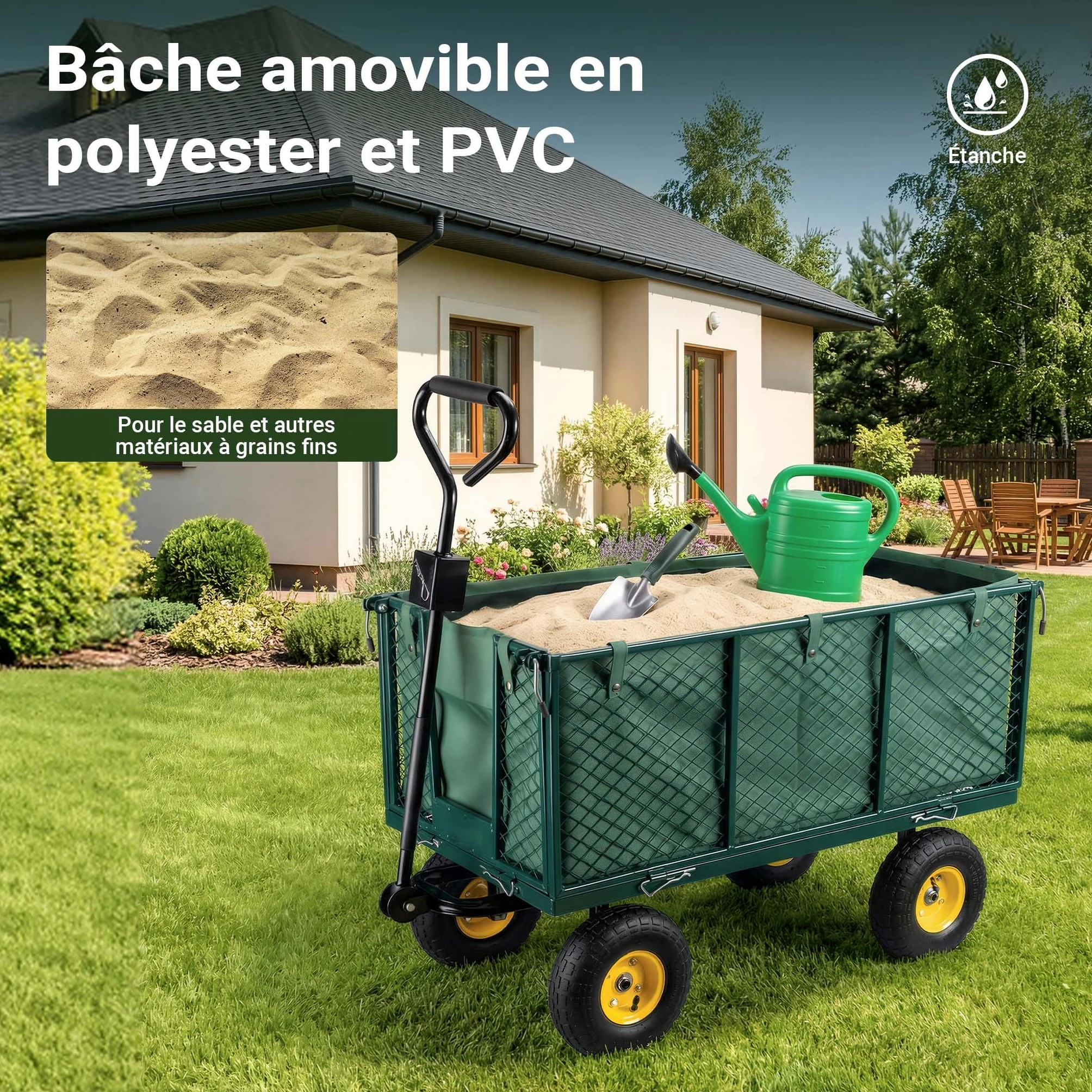 Wiltec Chariot Transport XXL Pliable – 1140 x 520 x 1050 mm – capacité 550 kg – avec Bâche Amovible, Pneus Robustes et Grille de Rangement – Diable Jardin Jardinage Outils Outillage