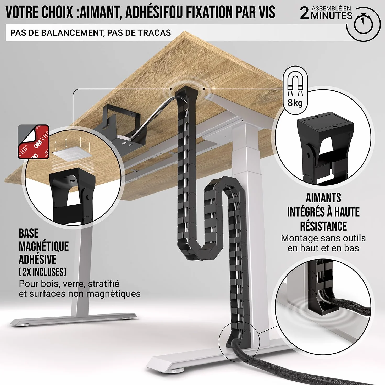 Flexible Chemin de Cable Organisateur Cable sous Bureau (Noir)