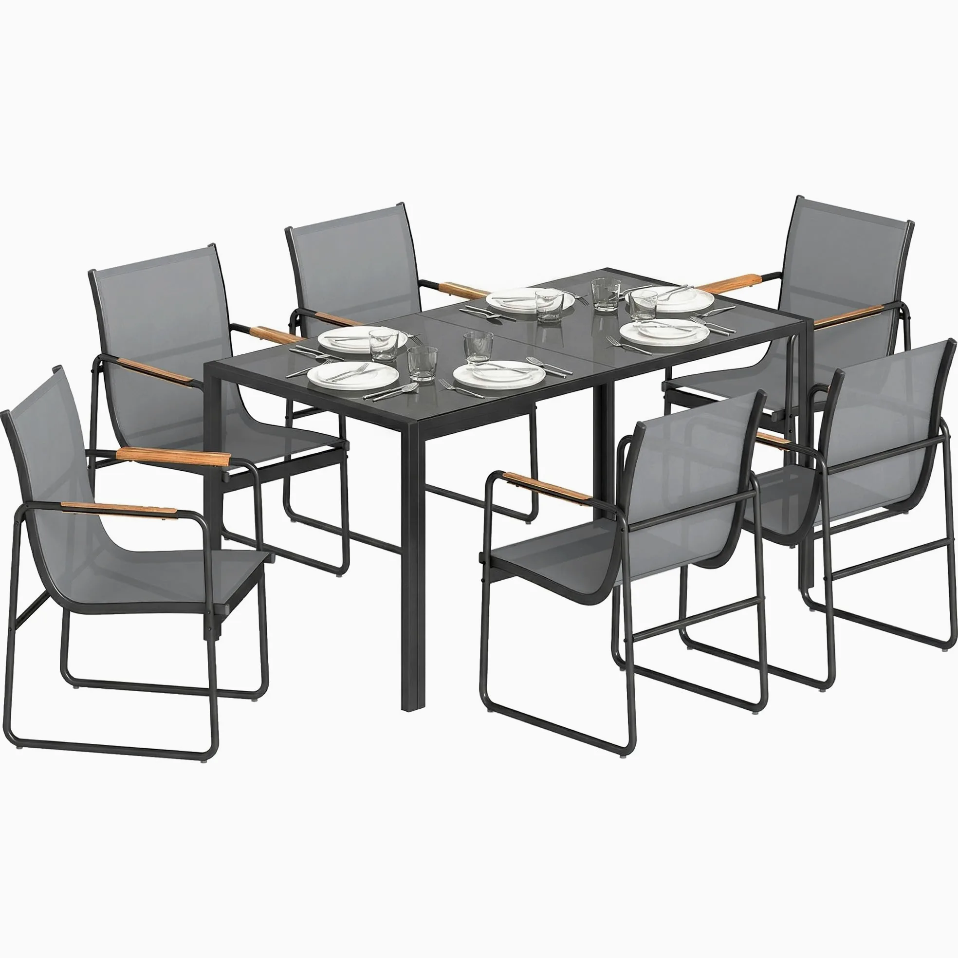 Outsunny Ensemble de Salle à Manger d'Extérieur 7 Pièces pour 6 Personnes, Table en Verre et Chaises avec Accoudoirs Décoratifs, Mobilier de Jardin en Acier pour Terrasse et Jardin, Gris