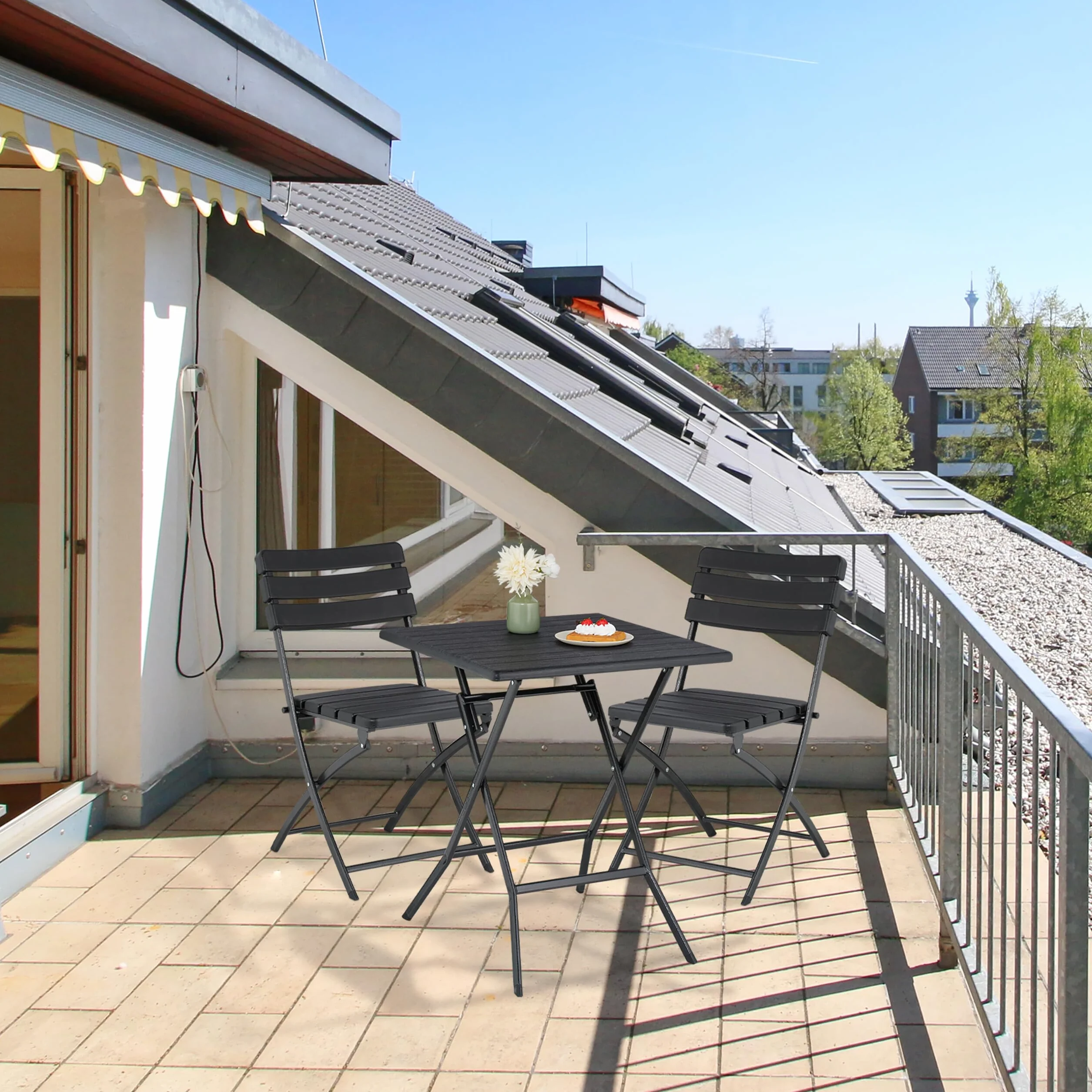 Relaxdays Table Pliante et 2 chaises pour Balcon, Aspect Bois, Acier et Plastique, Meubles terrasse, Noires