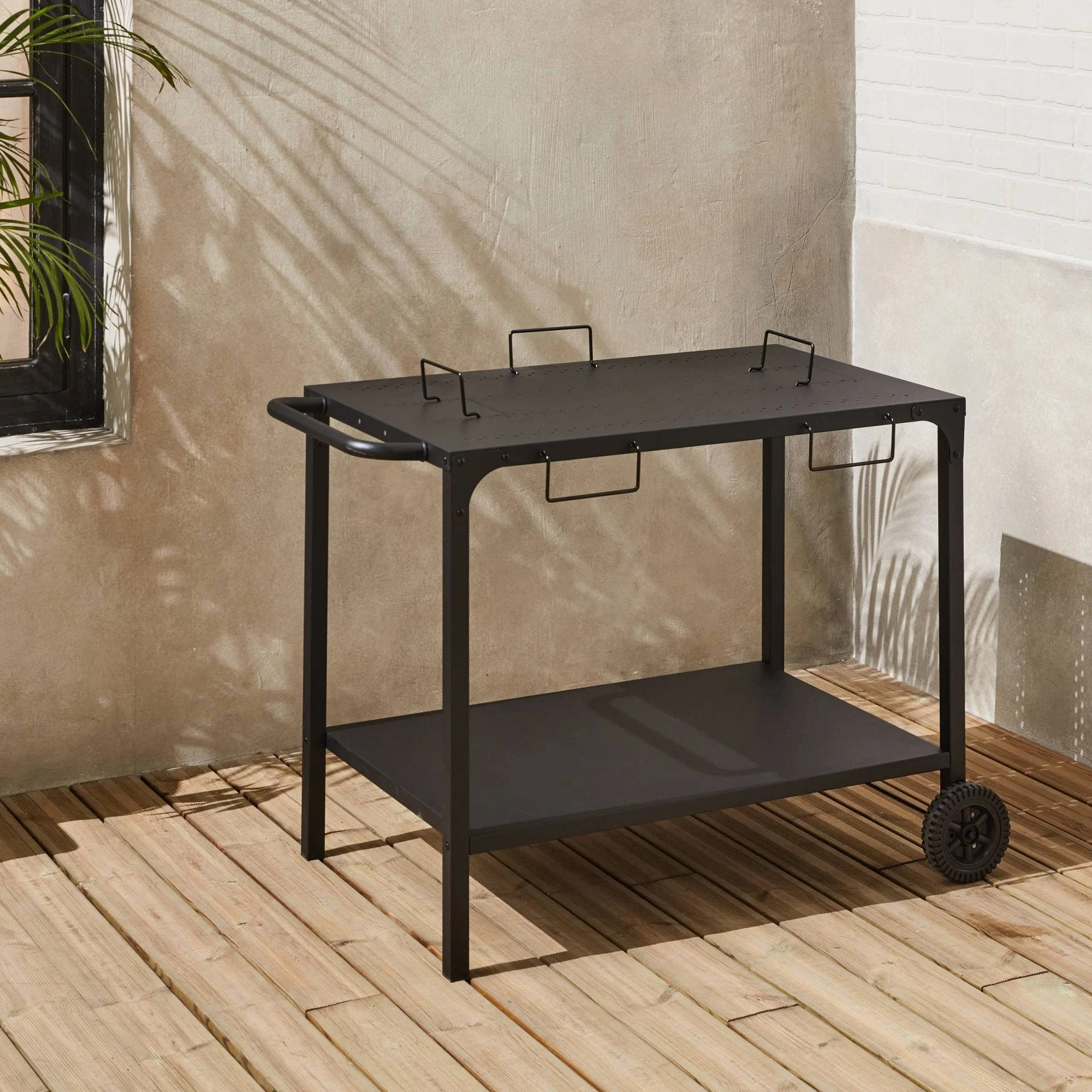 Alice's Garden Desserte extérieure Noire en Acier modulable pour plancha avec Deux Roues