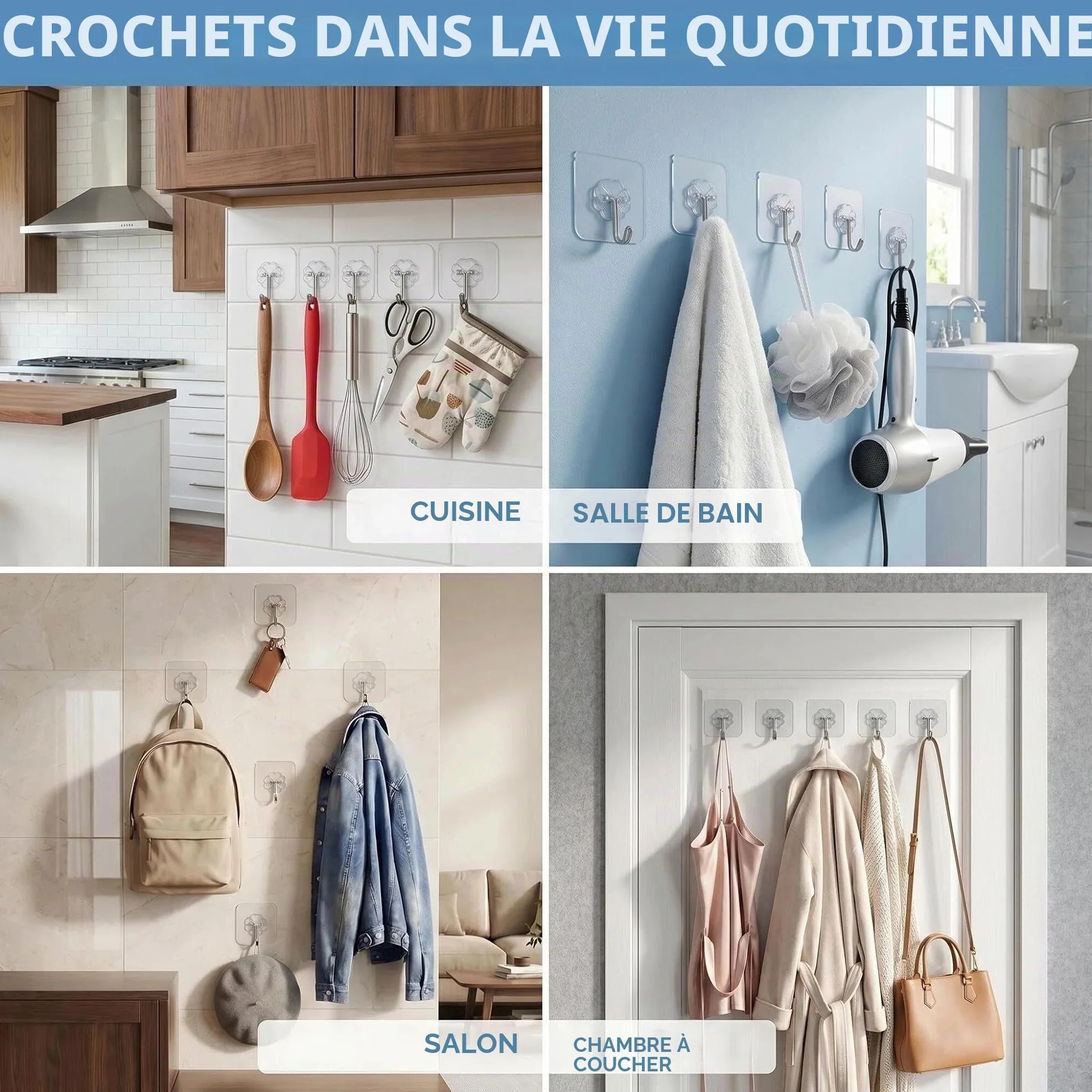 Crochets Adhésifs Transparents sans Percer 15kg Max Étanches Eau/Huile Salle de Bain Cuisine 10 Pièces