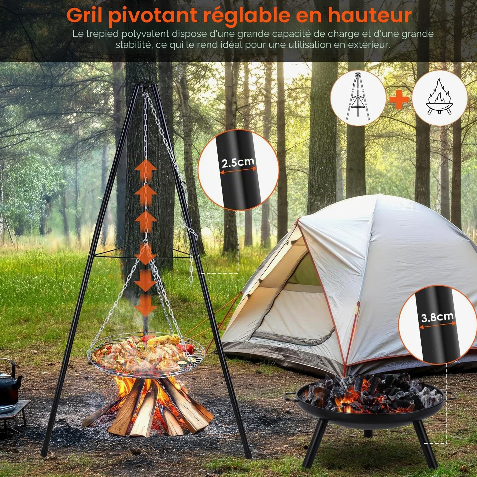 TLSUNNY Barbecue Pivotant avec Brasero, Barbecue Trépied avec Chaîne, Barbecue Charbon de Bois, Réglable en Hauteur de 200 cm, Ø68 cm Brasero avec Poignée, Foyer Extérieur pour Griller et Chauffer
