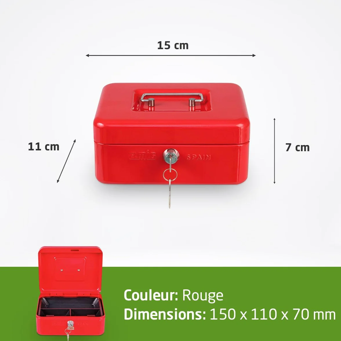 Amig Coffre-fort Acier Rouge 150 x 110 x 70 mm avec Plateau à monnaie et 2 clés