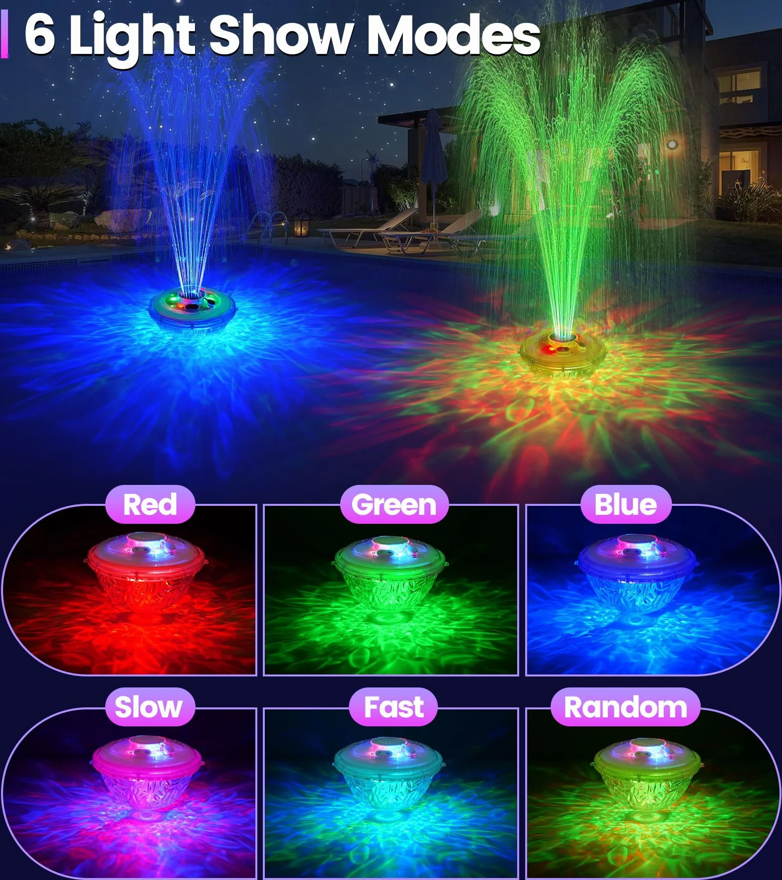 Fontaine Flottante Piscine avec Lumière Rechargeable, 2026, 6 Modes d'Éclairage, pour Piscine Hors Sol