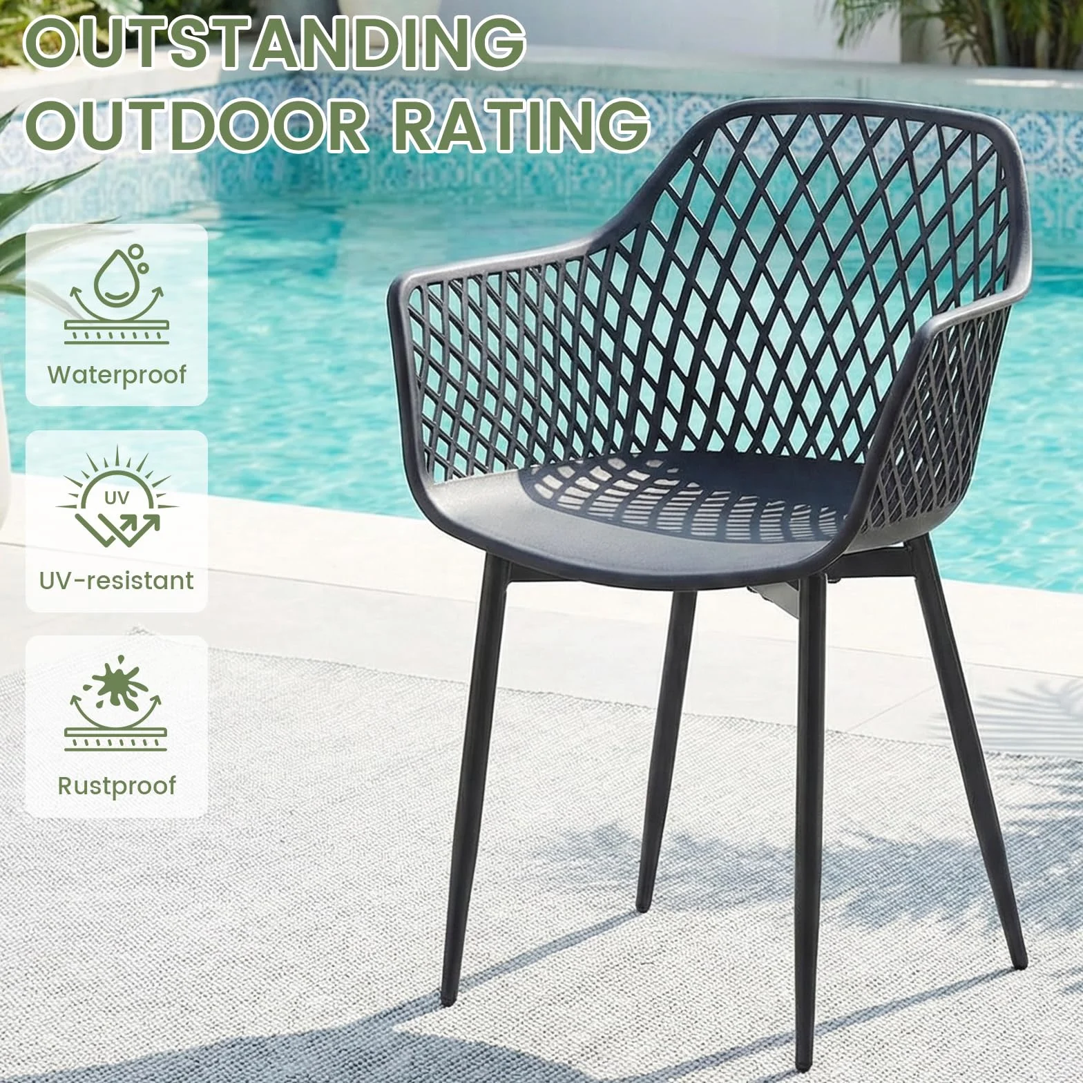 buybyroom Chaise de Jardin Exterieur, Lot de 4 Chaise Plastique avec Accoudoir et Pied en Métal, Fauteuil Jardin Exterieur pour Terrasse, Balcon, Salle a Manger, Salon, Dossier à Design Ajouré, Noir