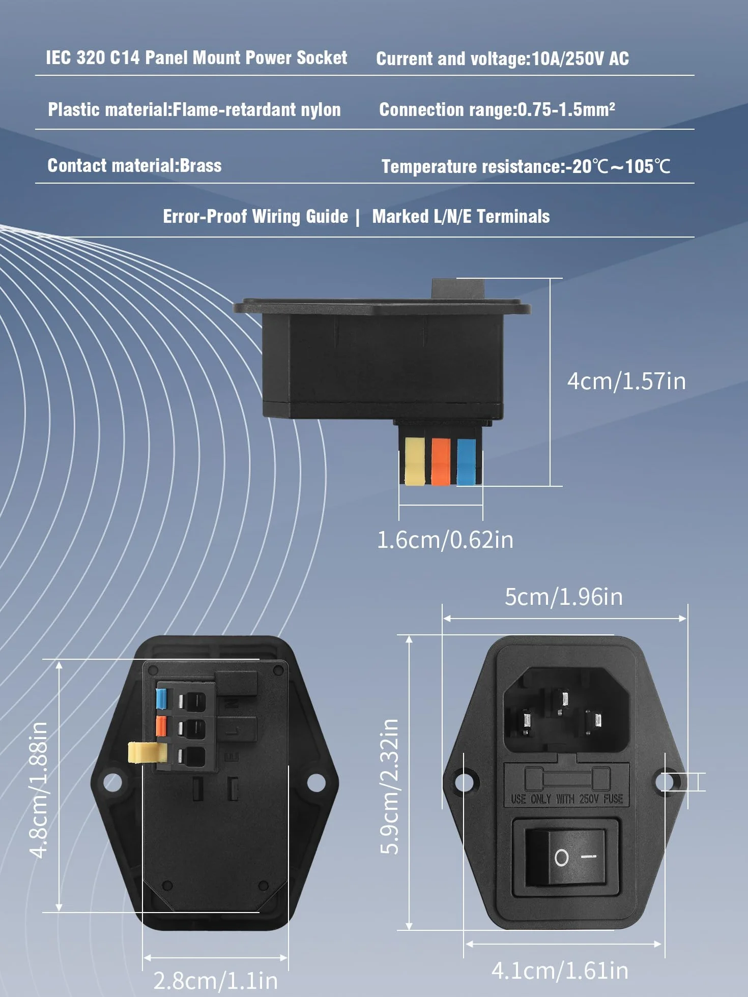 YACSEJAO IEC320 C14 Lot de 2 connecteurs femelles encastrables interrupteur AC 250 V 10 A 3 broches