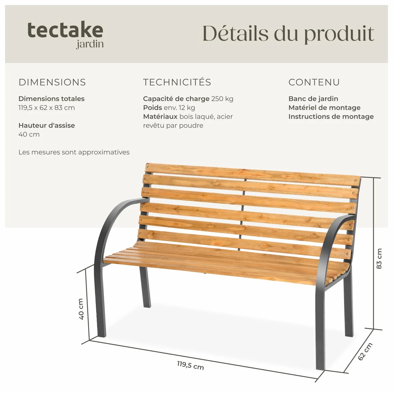 Tectake Banc de Jardin Solide en Bois Naturel laqué et Acier, Banquette de Jardin Noir Résistant aux intempéries