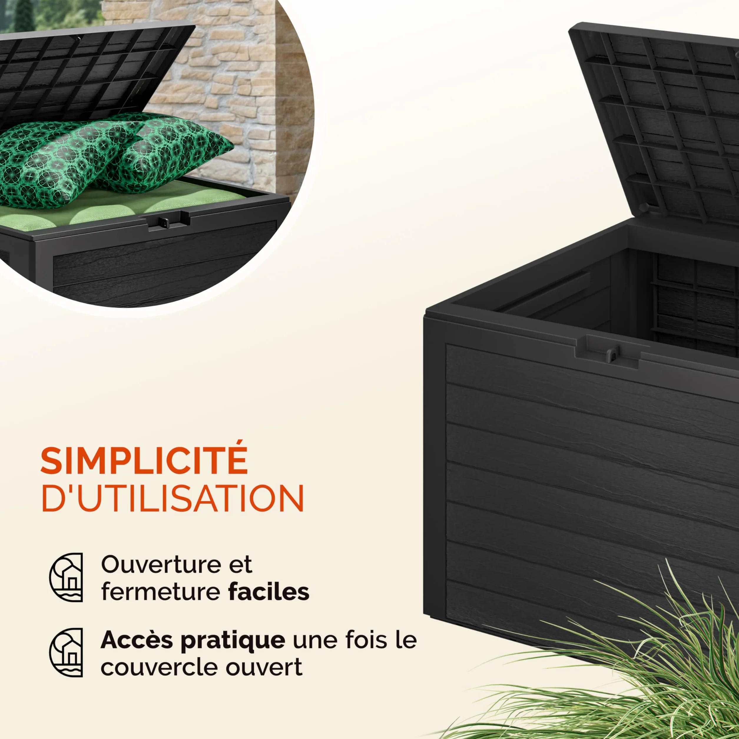 Casaria Coffre de Jardin Exterieur 190 L Anthracite Caisse de rangement étanche Effet Bois