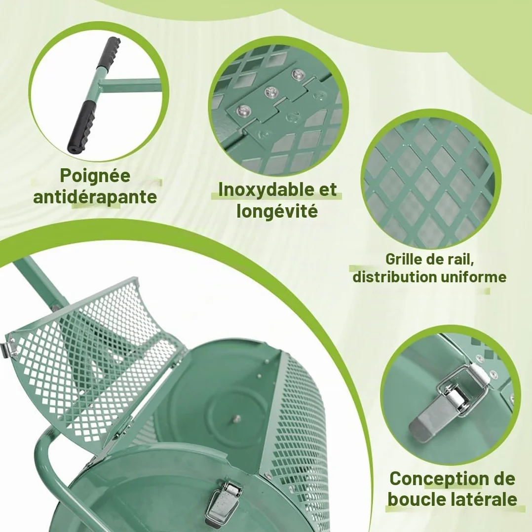 Épandeur de compost 75 l polyvalent - Filet en métal - Épandeur d'engrais - Rouleau - Semences - Pelouse - Mousse de tourbe - Vert