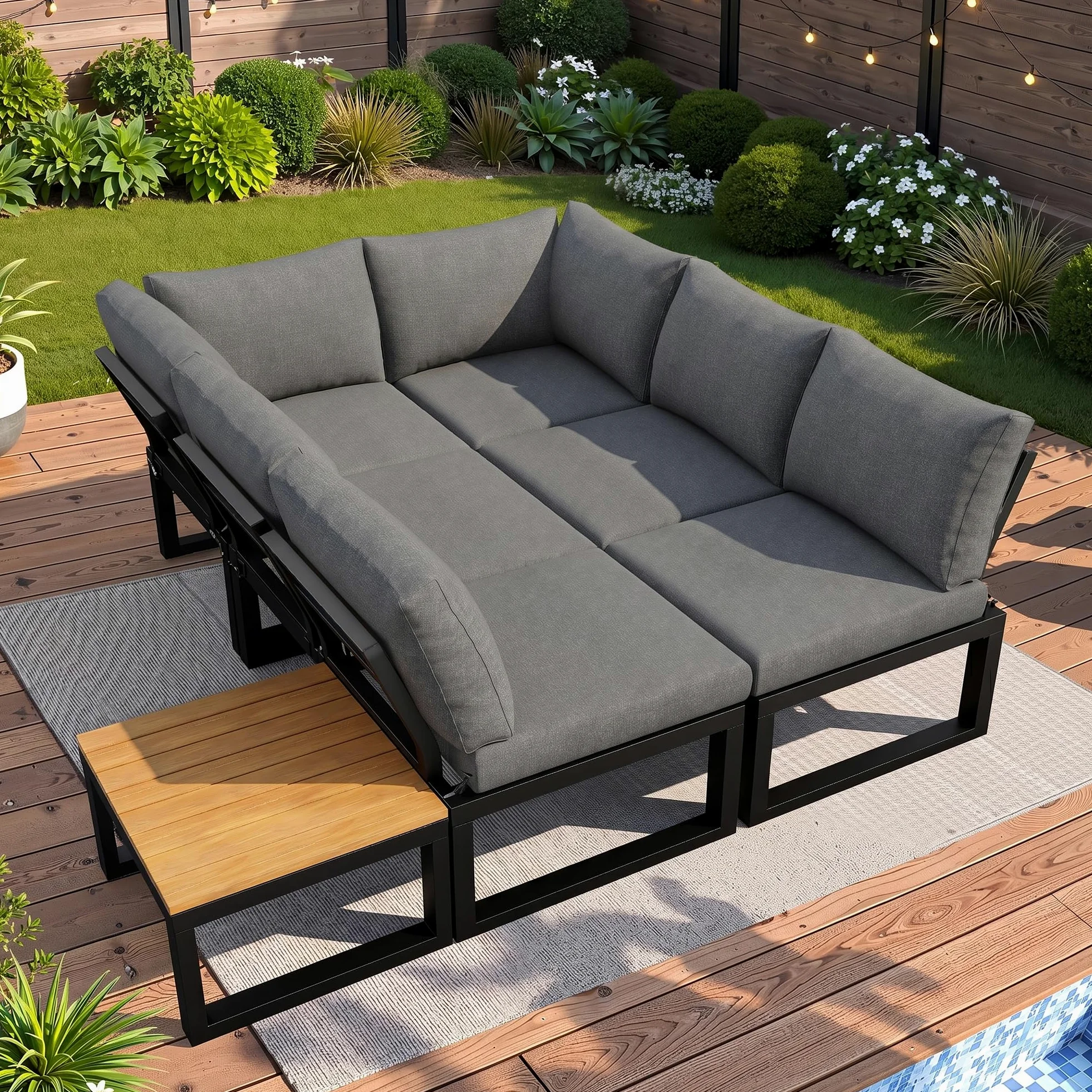 Sapgaks Ensemble de Salon de Jardin extérieur pour 6 Personnes avec Dossier réglable,canapé d'angle avec Table et Table Basse,Structure en Acier résistant aux intempéries (Gris-11)