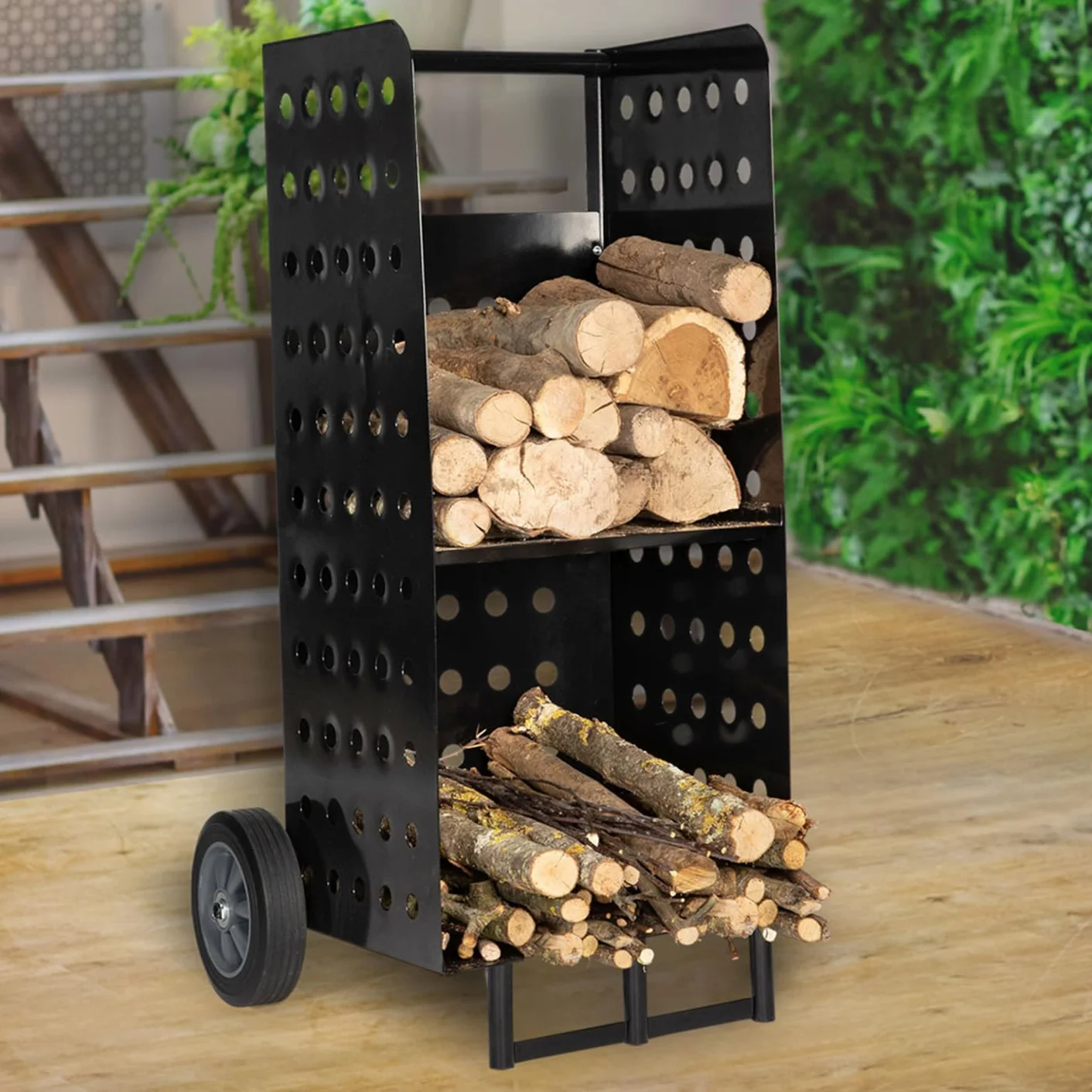IDMarket - Chariot Porte bûches Acier Noir 40 x 40 x 100,5 CM pour cheminée