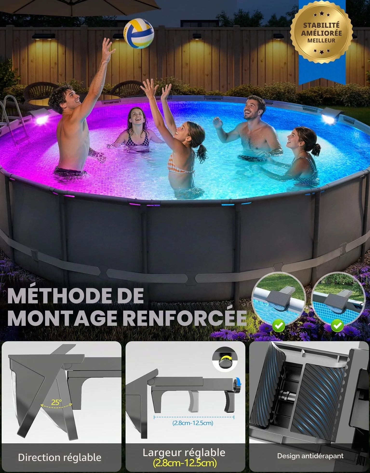 Lampe Piscine LED Solaire IP68 RGB, Eclairage Piscine Hors Sol sans Fil 10 Modes