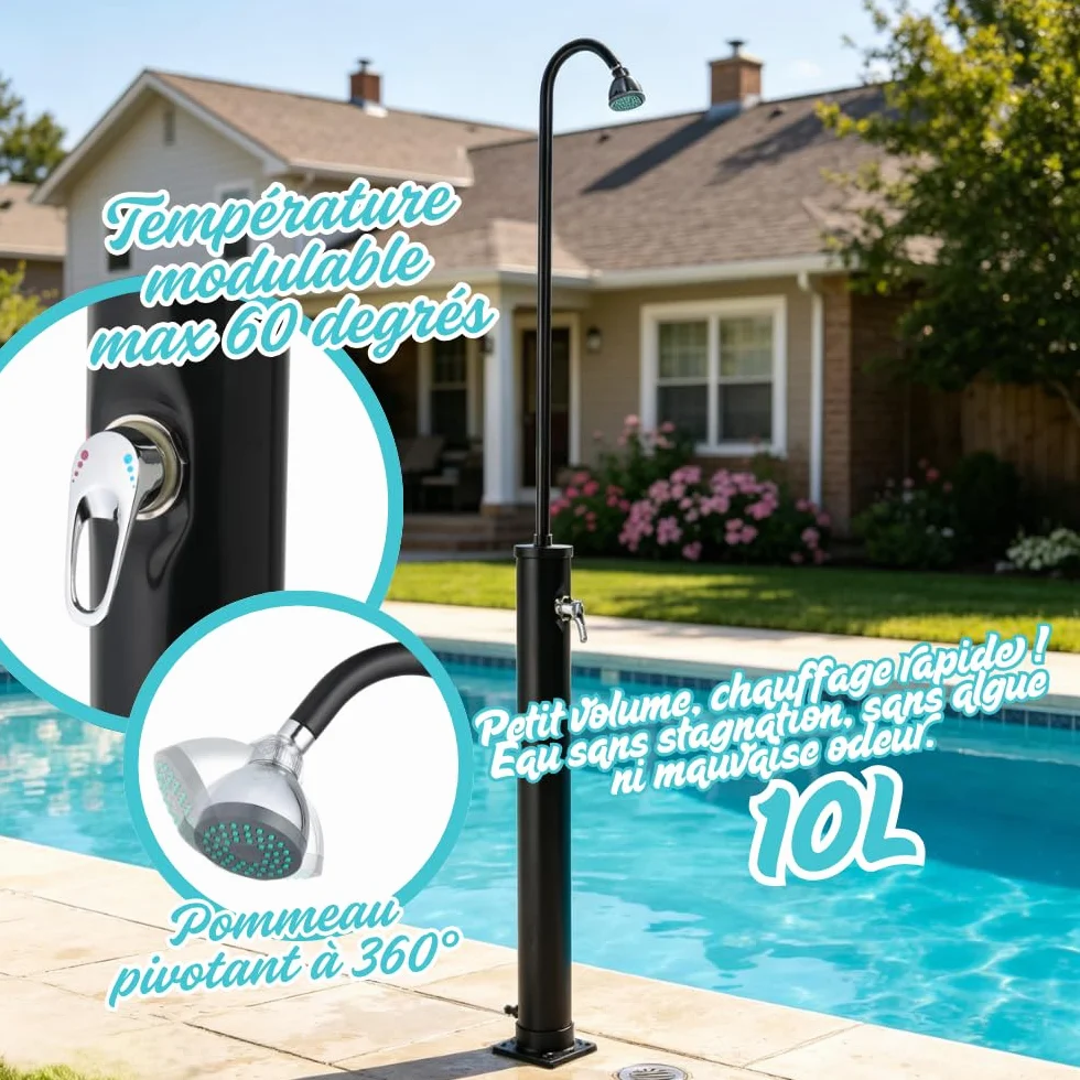 Bonnlo Douche Solaire 10L Exterieur avec Pommeau Douchette Robinet Eau Chaude Temperature Reglable Jardin Plage Piscine