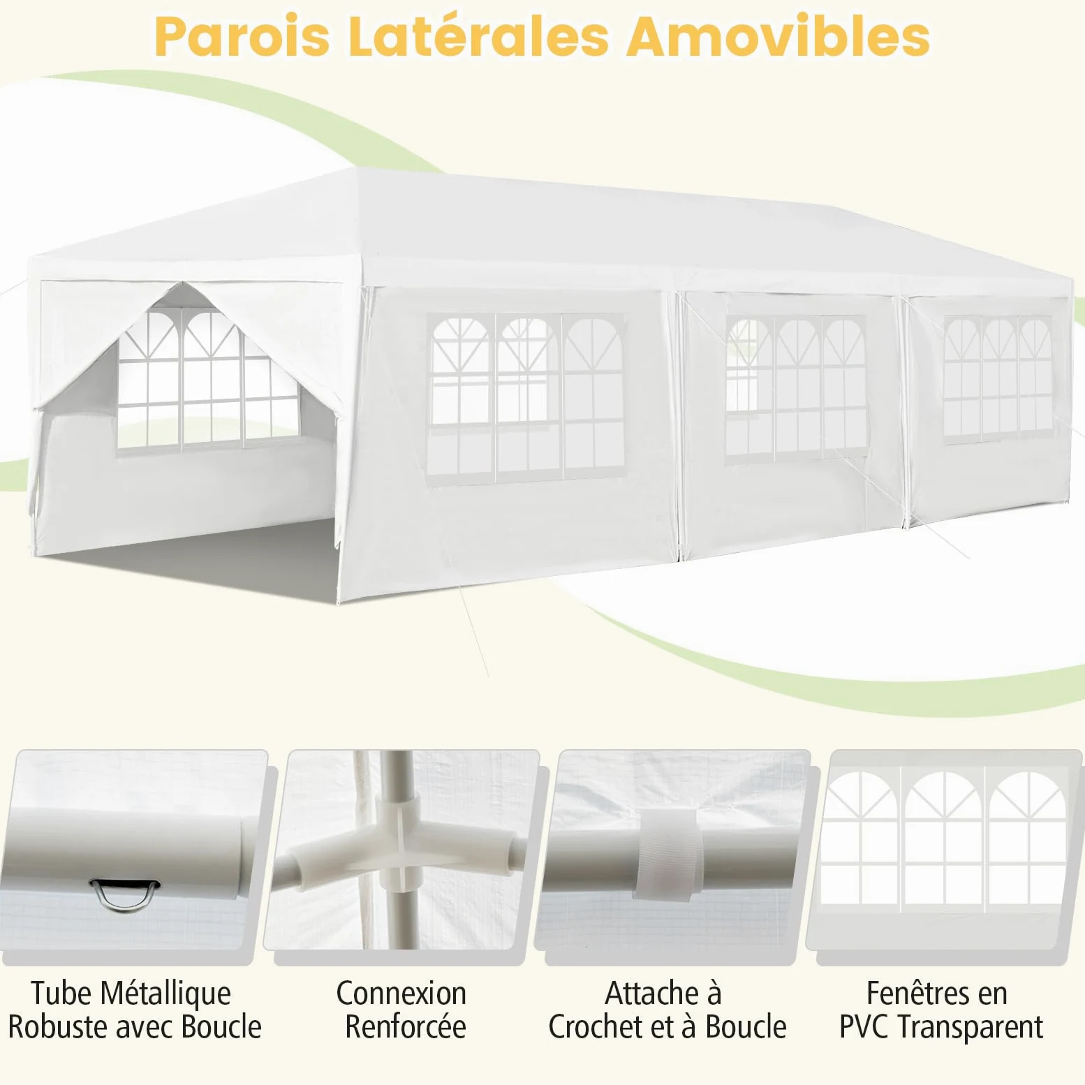 COSTWAY Tonnelle de Jardin 3x9m inclut 6 Murs Amovibles avec Fenêtre sur Côté, 2 Entrées de Porte, Abri Robuste avec Piquets de Terre