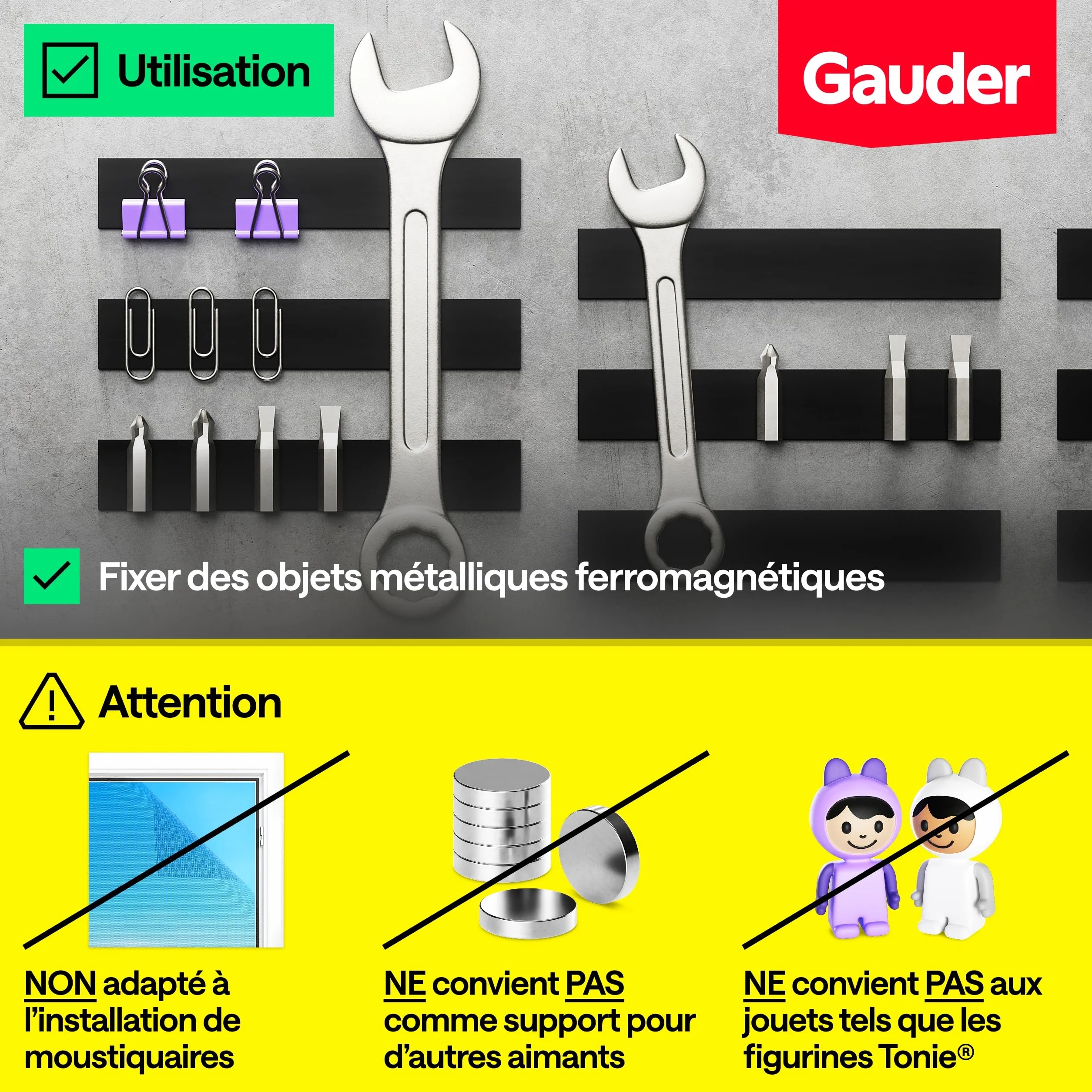 GAUDER Bandes Magnétiques Autocollantes 15 cm x 25 mm x 2 mm 10 Pièces